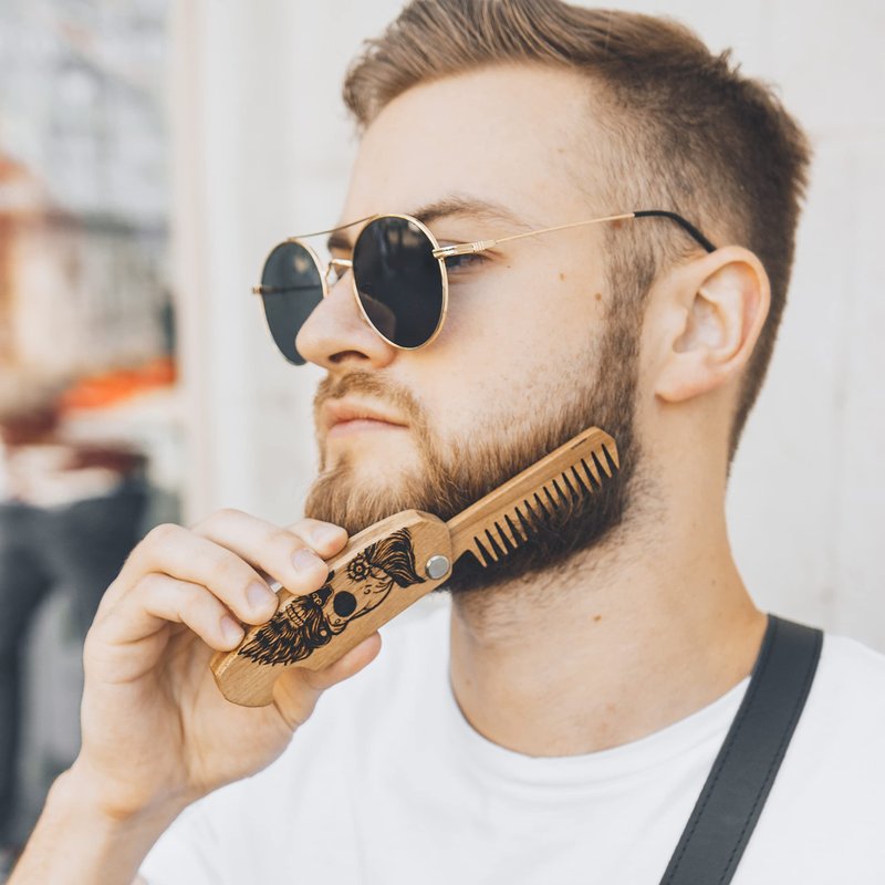 Beard Comb Personalized Gifts Anniversary Gift Wooden Brush Custom Comb Groomsmen Gift Hair Brush Pocket Brush Birthday Gift for Boyfriend (Walnut, Half Skull)