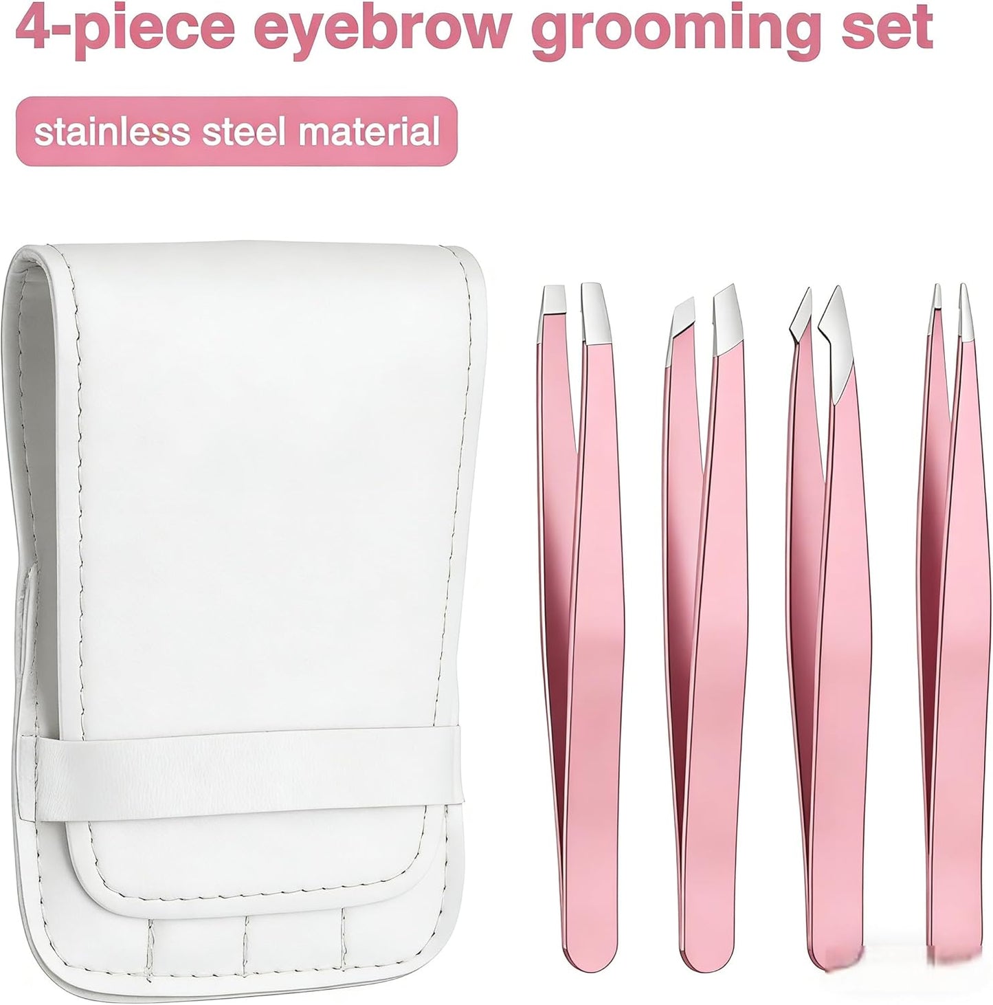 Stainless Steel Pink Tweezers Set - Precision Eyebrow & Facial Hair Removal | Travel Bag Included