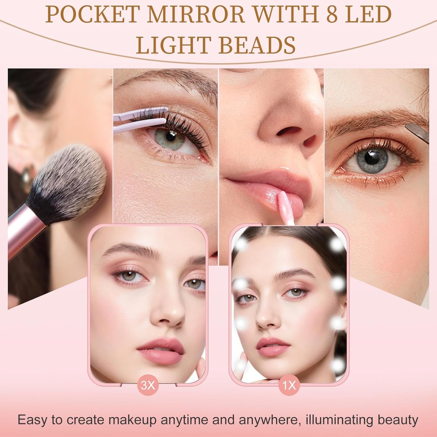 Compact LED Pocket Mirror - 1X/3X Magnification, Mini Travel Mirror for Purse | Pink
