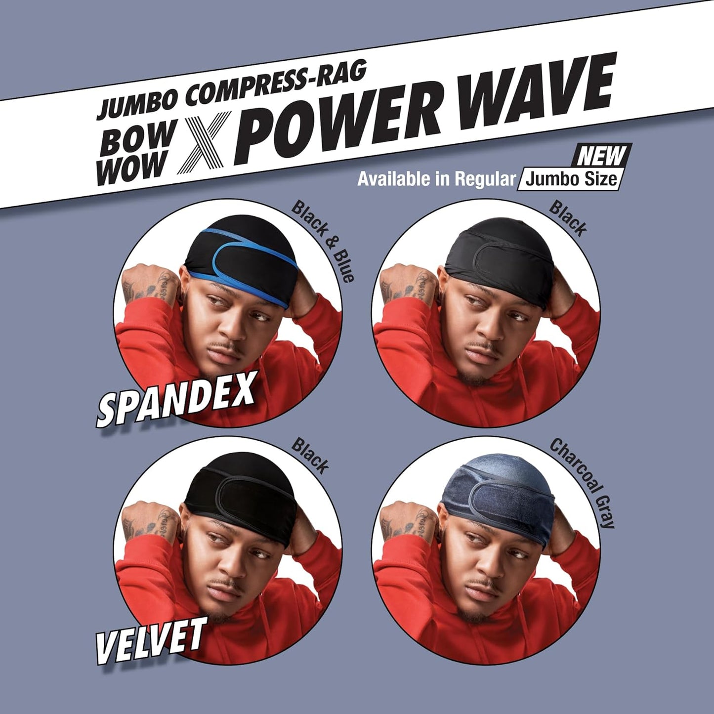 Premium Bow Wow X Power Wave Durag - 360 Wave Compression Cap for Men & Women | Adjustable Hook-and-Loop Strap, Jumbo Spandex - Black