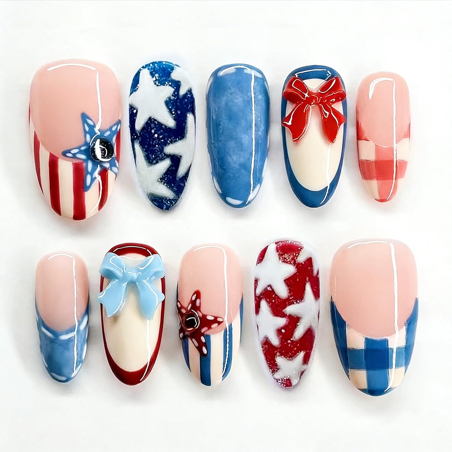 Independence Day Press-On Nails - 30Pcs Medium Almond Shape with 3D Red & Blue Bow Designs | Patriotic French Tip Full Cover