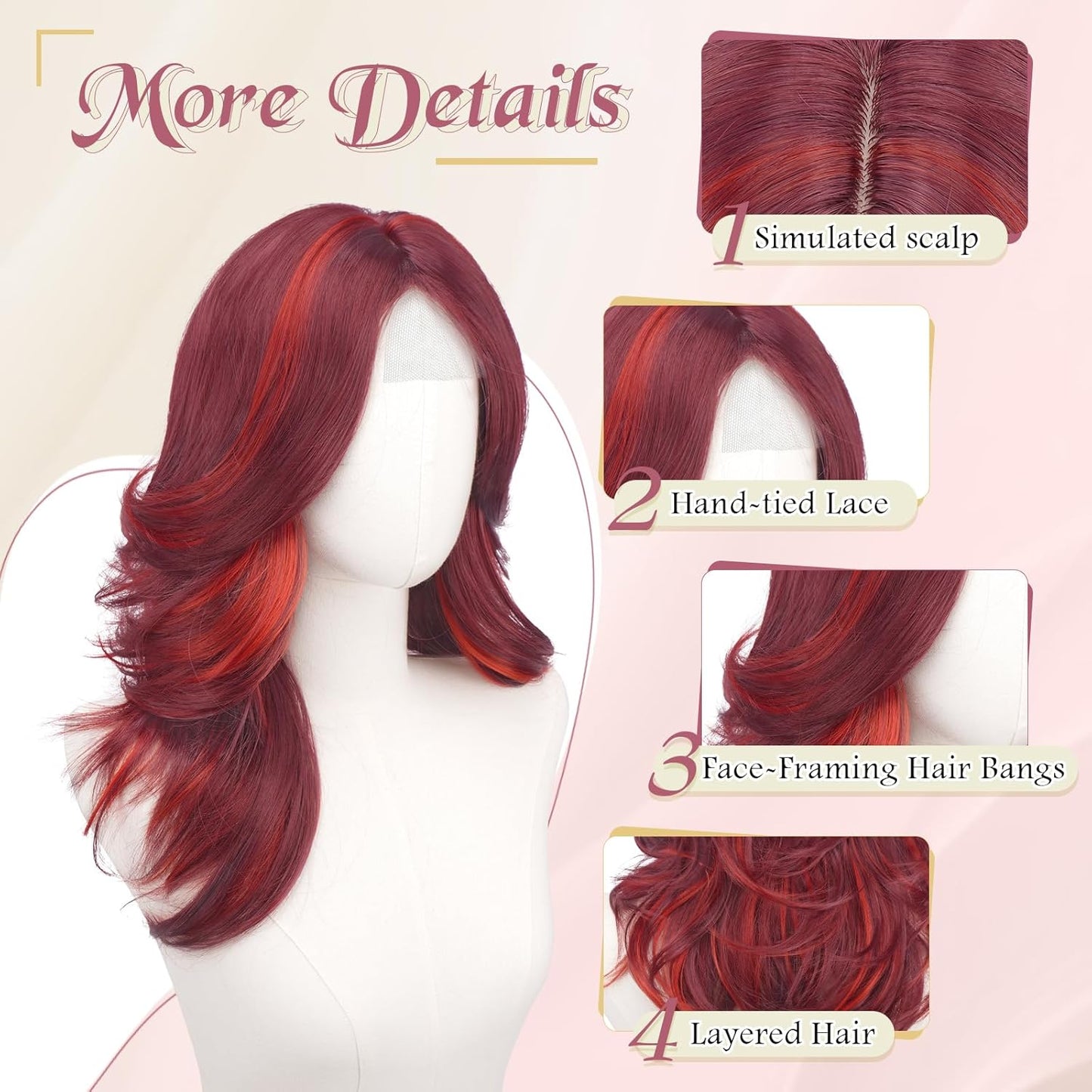 Red Layered Wig with Curtain Bangs - Long Wavy Synthetic Hair, 20 Inch Natural Look for Women | Perfect for Daily Wear & Parties