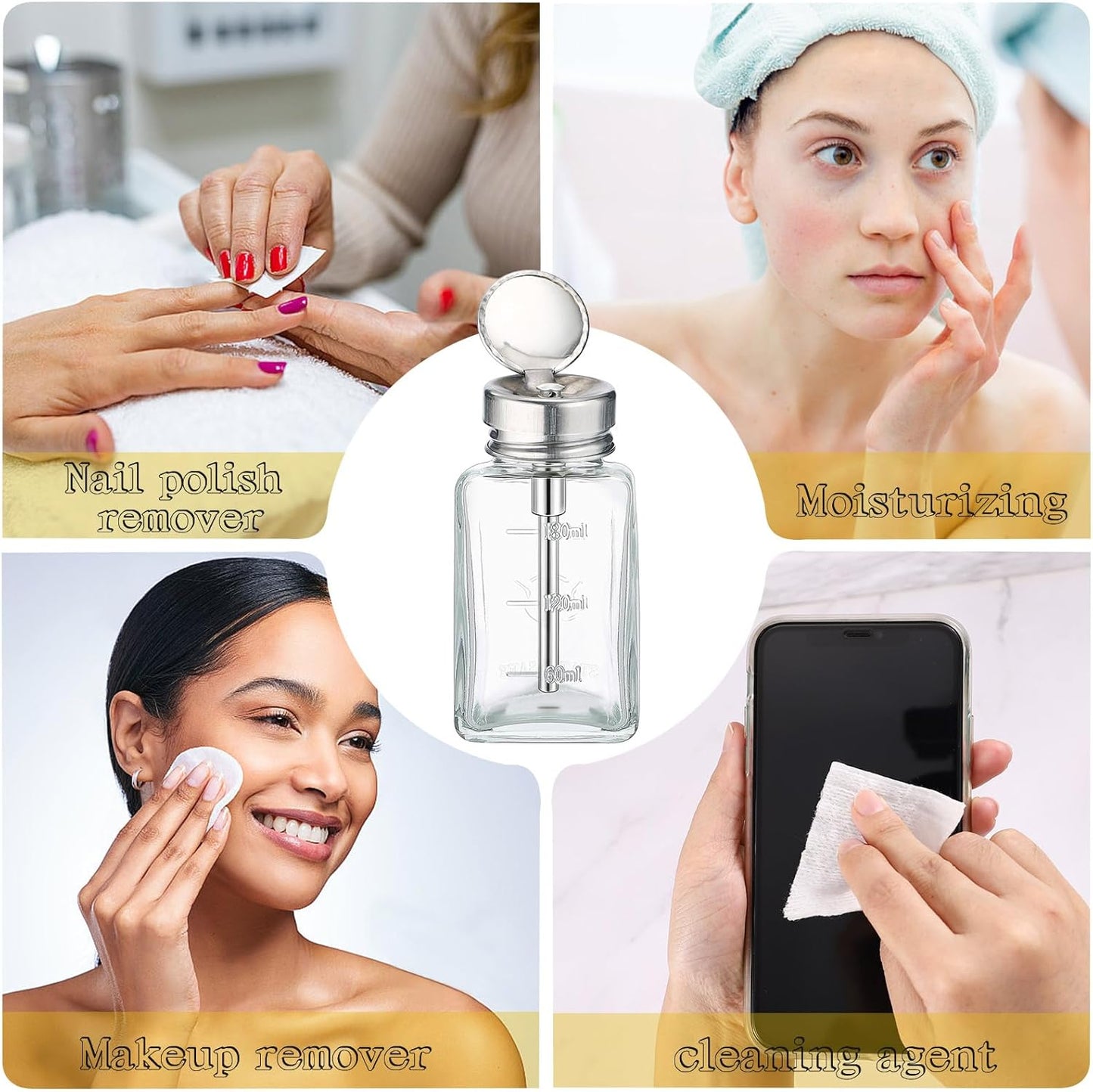Noverlife Clear Glass Pump Dispenser Bottles - 2PCS 6Oz Nail Polish Remover Containers | Refillable Flip Top Cap