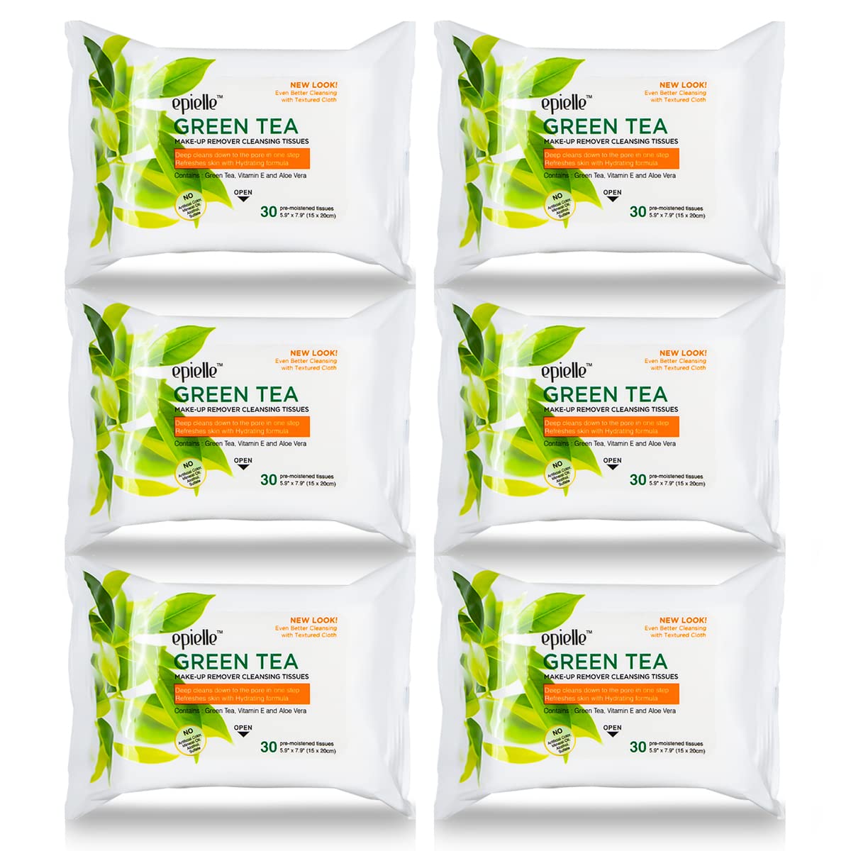 Epielle Green Tea Makeup Remover Wipes - Gentle Facial Cleanser Towelettes for Dirt, Oil & Waterproof Mascara | 30 Count (Pack of 6)