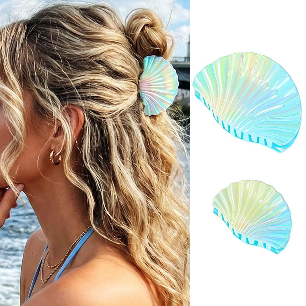 Seashell Hair Clips - Acrylic Claw Clips for Beachy Styles | Mermaid Hair Accessories (Blue, 2 Pieces)