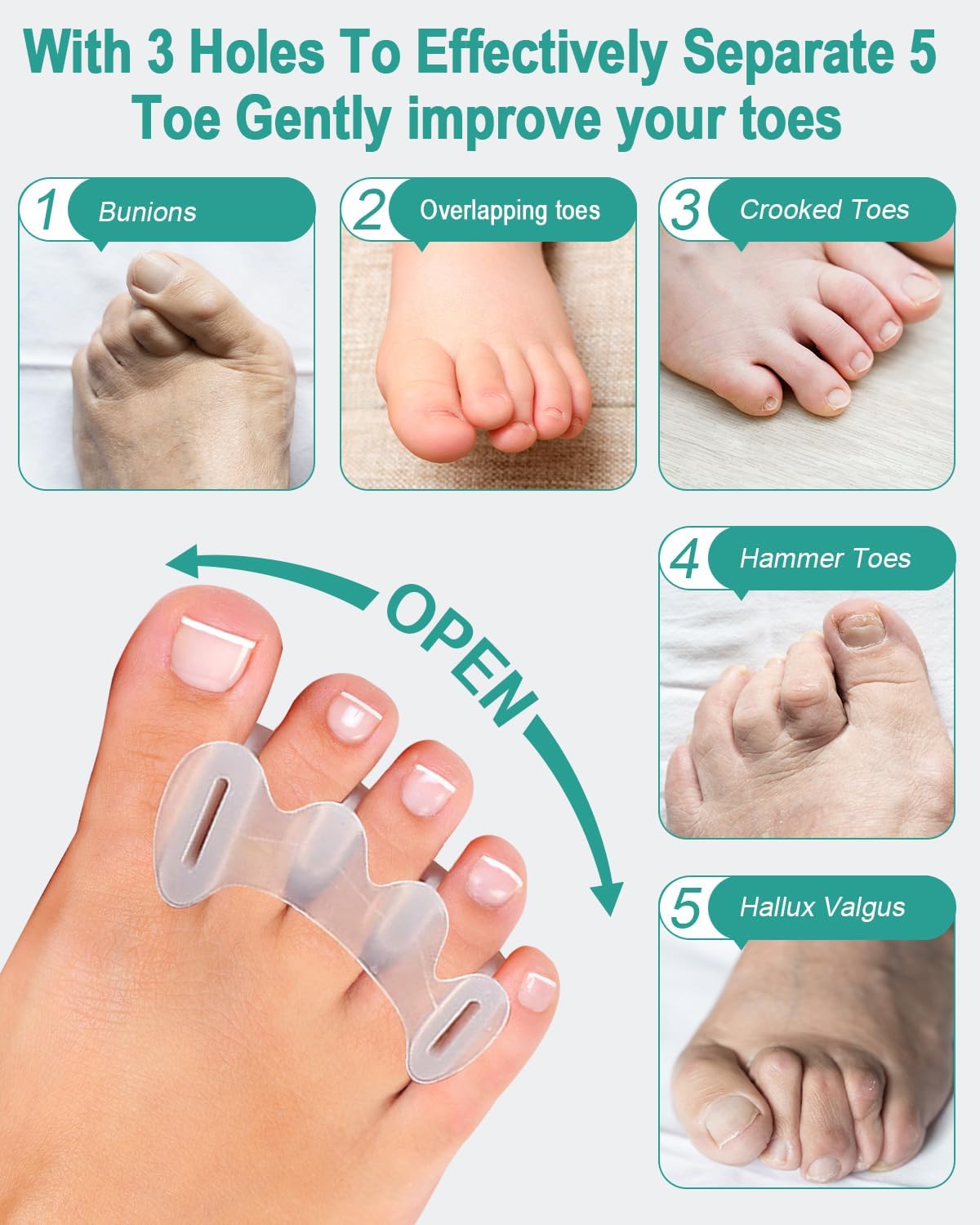Toe Spacers Silicone Gel Separators - Soft Bunion & Hammer Toe Correctors | Clear, 2 Pairs for Foot Relief