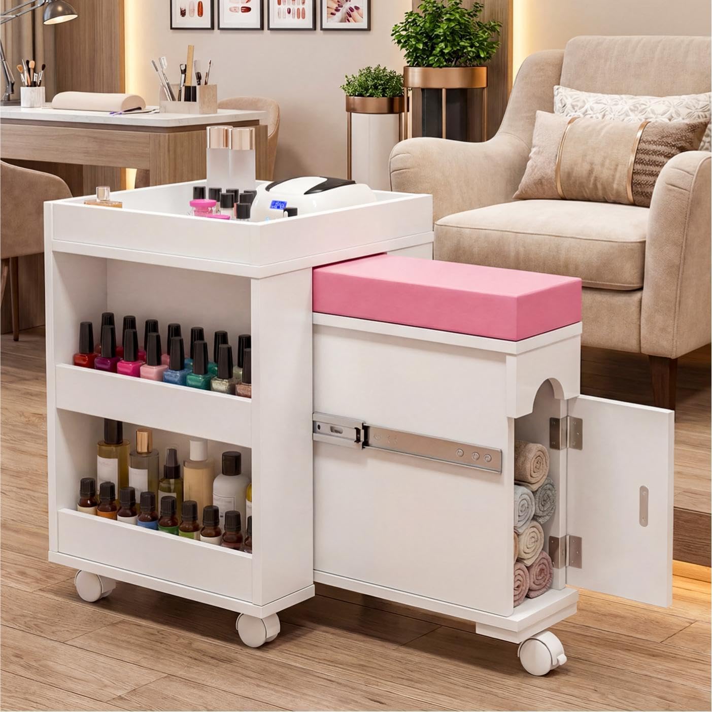 Pedicure Trolley Cart - Mobile Nail Tech Station with Foot Rest & Storage Shelves | 26.3" L