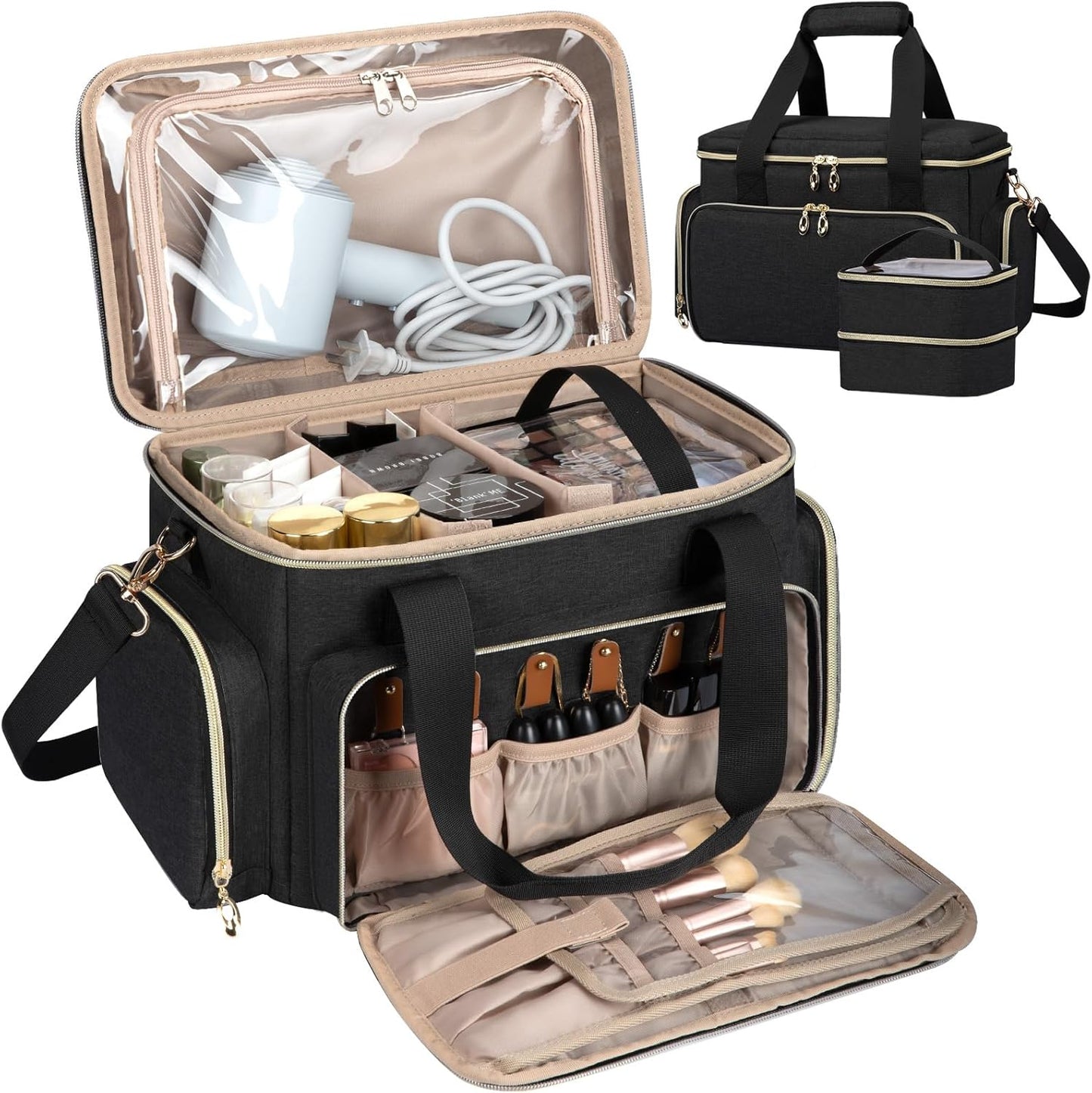 Large Makeup Bag Organizer - Portable Travel Cosmetic Case for Women | 2 Removable Pouches & Detachable Dividers - Black