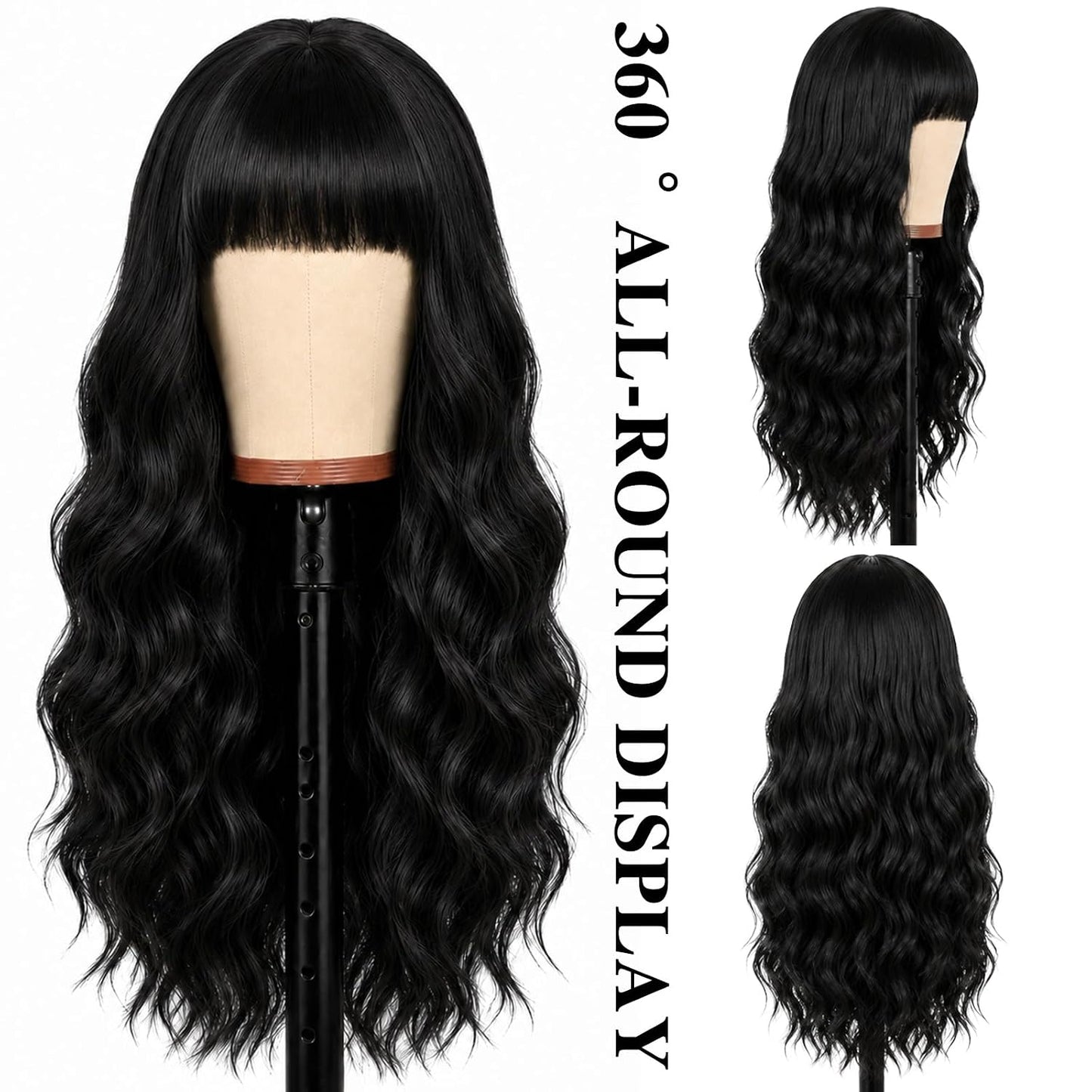 NOSTALGIA Black Wig - Long Curly Wavy Synthetic Wig with Bangs for Women | Perfect for Daily or Party Wear