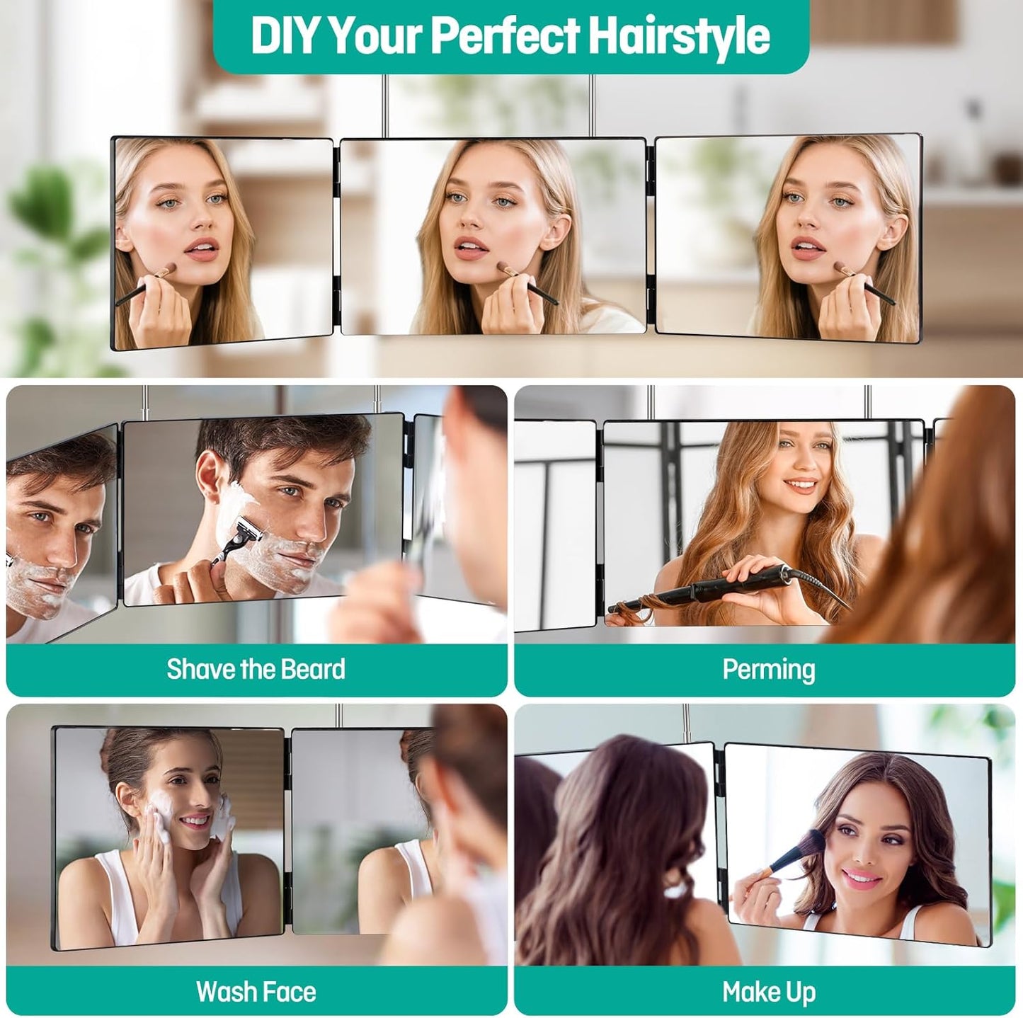 Tri-Fold 3-Way Mirror for Self Hair Cutting - 360° View, Height Adjustable, Anti-Fog HD Glass | Perfect for Shaving, Braiding, Travel