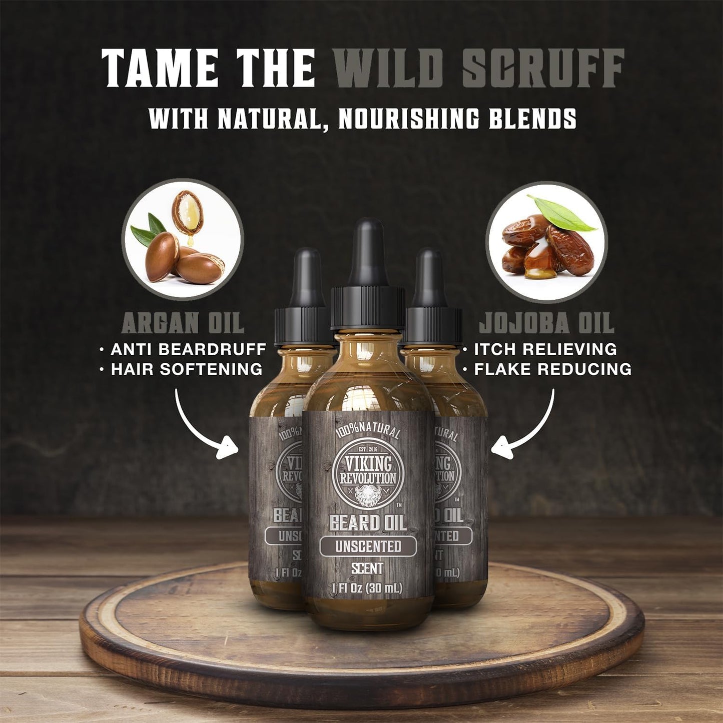 Viking Revolution Beard Oil for Men - Unscented - Natural Mens Beard Oil with Argan Oil and Jojoba Oil - Beard Softener, Strengthens and Moisturizes - Beard Conditioner for Men (3 Pack, 3 Fl Oz)