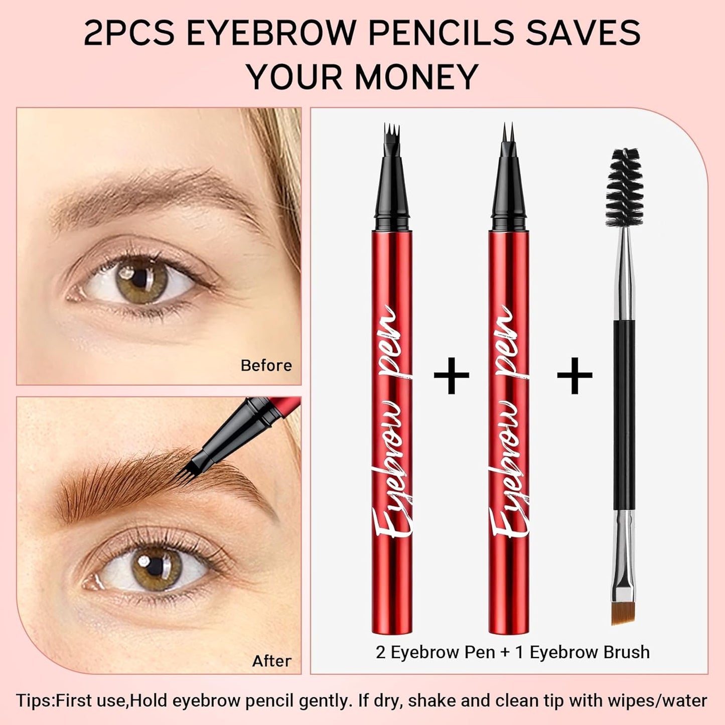 Eyebrow Pen Set - 2 Pack Waterproof Microblading Pencils for All Brow Types | Light Brown