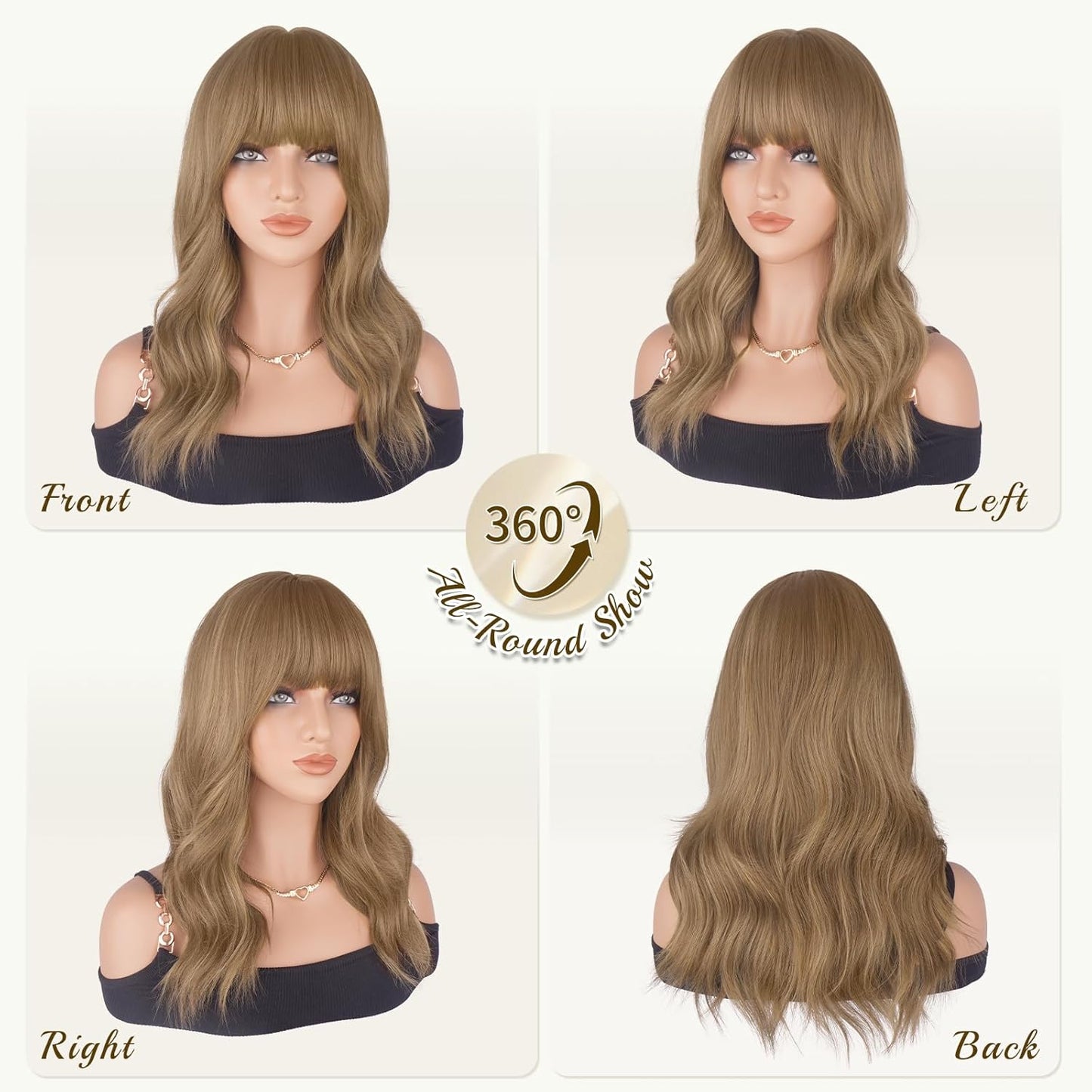 Brown Wigs with Bangs - 19-Inch Natural Wavy Synthetic Hair for Women | Light Brown Mixed Blonde