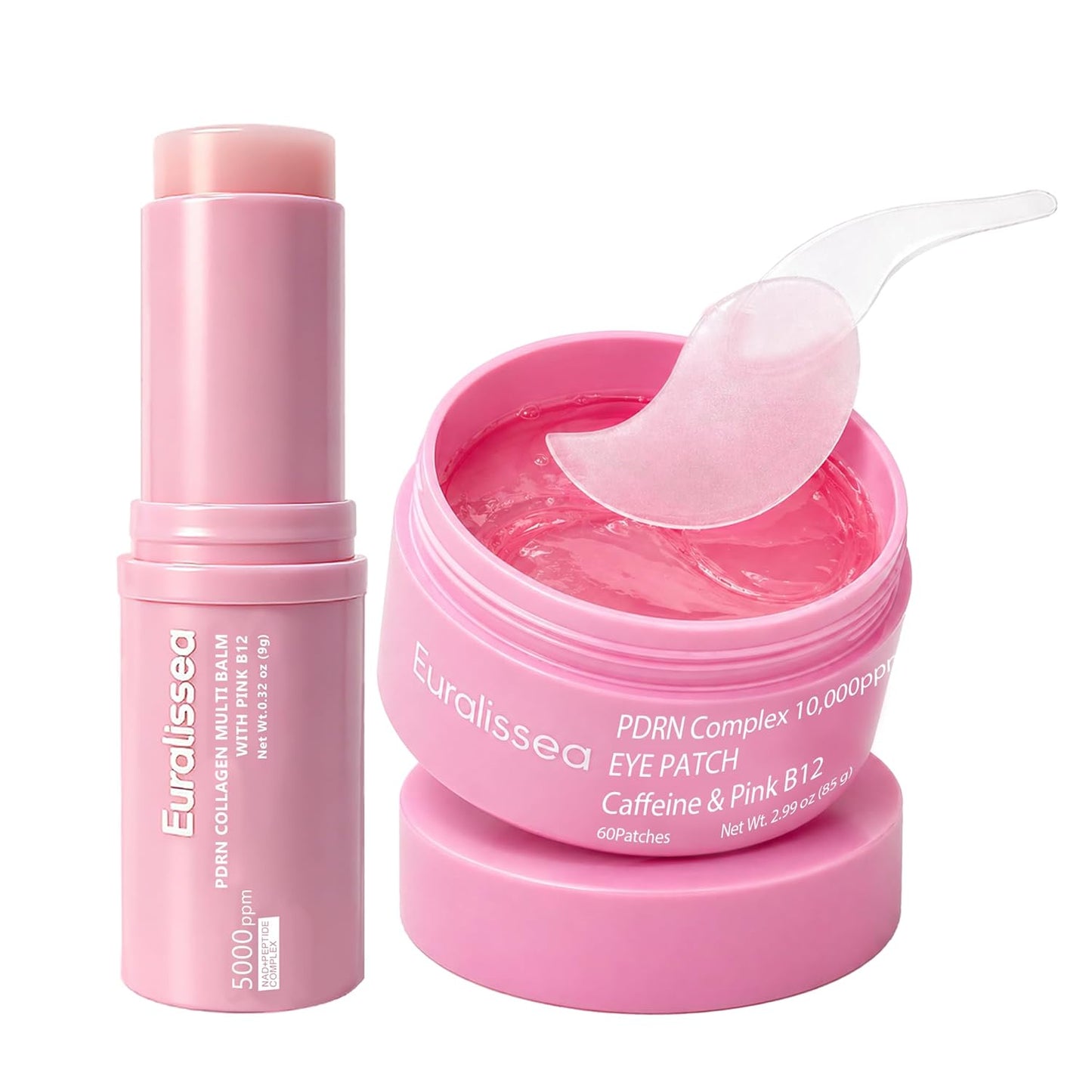 PDRN Collagen Multi Balm Stick & Eye Patches Set - Pink B12 & Caffeine Under Eye Care | 0.32 Oz Balm + 60 Patches