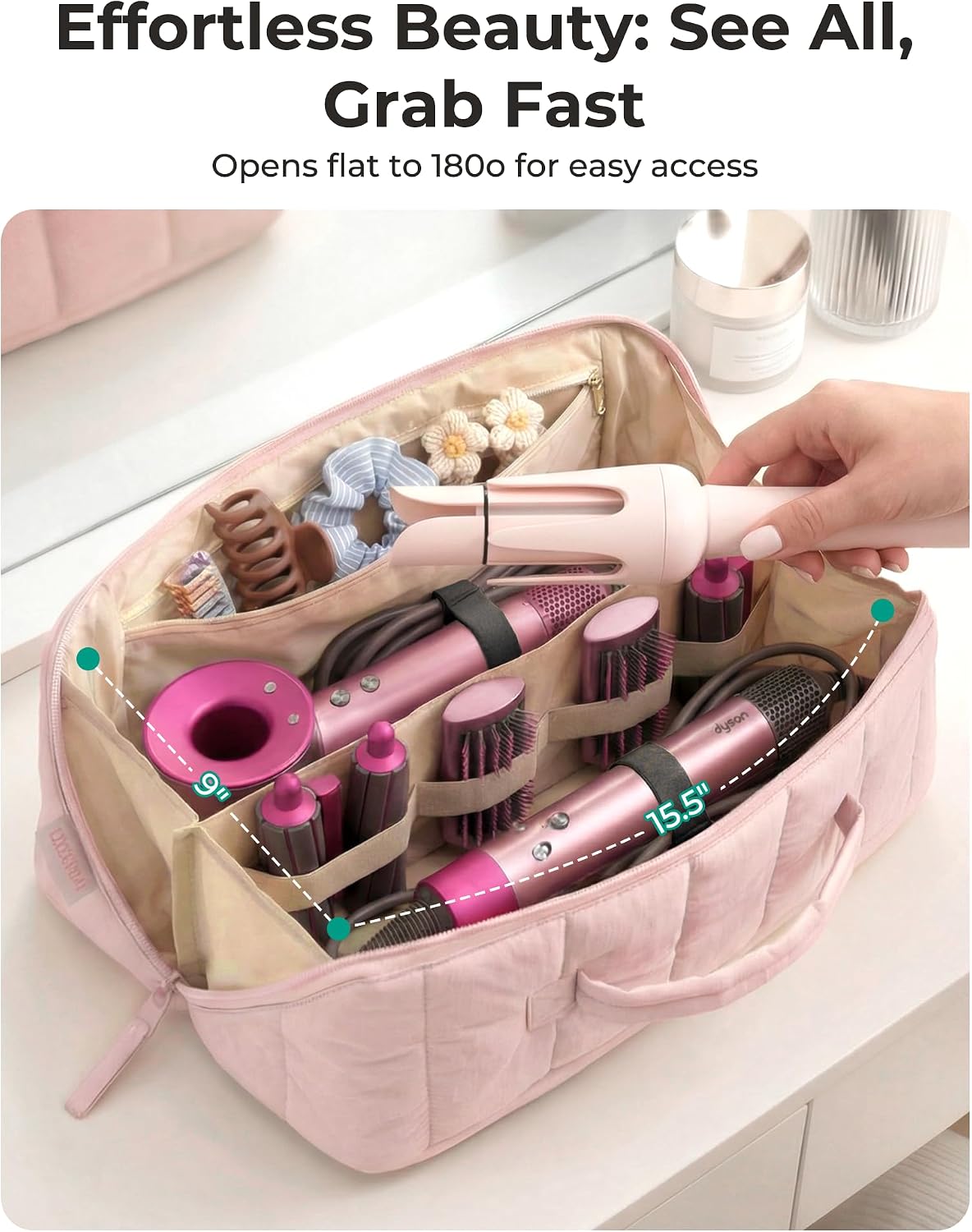 Hair Tool Organizer Travel Bag - Compatible with Dyson Airwrap & Shark Hair Dryer | Heat Resistant Mat, Black