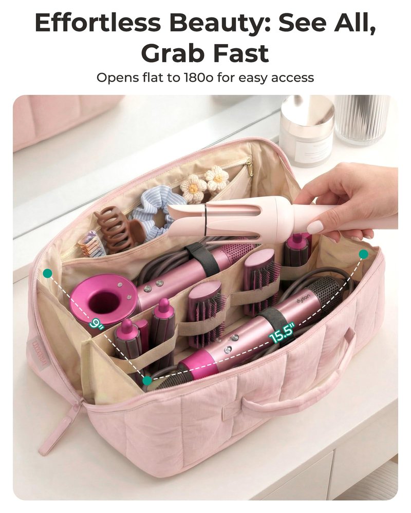 BAGSMART Hair Tool Organizer Travel Bag Compatible with Dyson Airwrap, Shark Hair Dryer, Wide-open Accessories Organizer with Heat Resistant Mat, Makeup Bag for Dyson Attachments, Curling Iron, Black