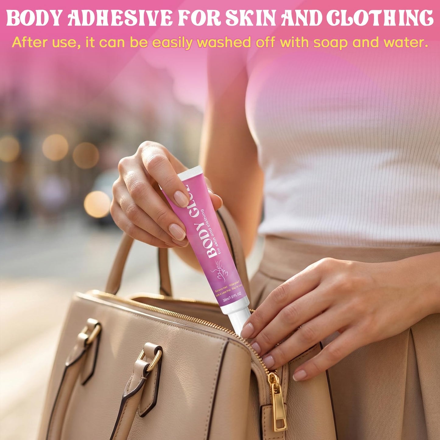 Body Glue for Clothes & Skin, Clear Body Adhesive, Strong Fashion Glue, Sweat Resistant, Water Wash Off For Dancers, Socks, Leotards, Bras, Wigs, Costumes, Hold All-Day 30 ML