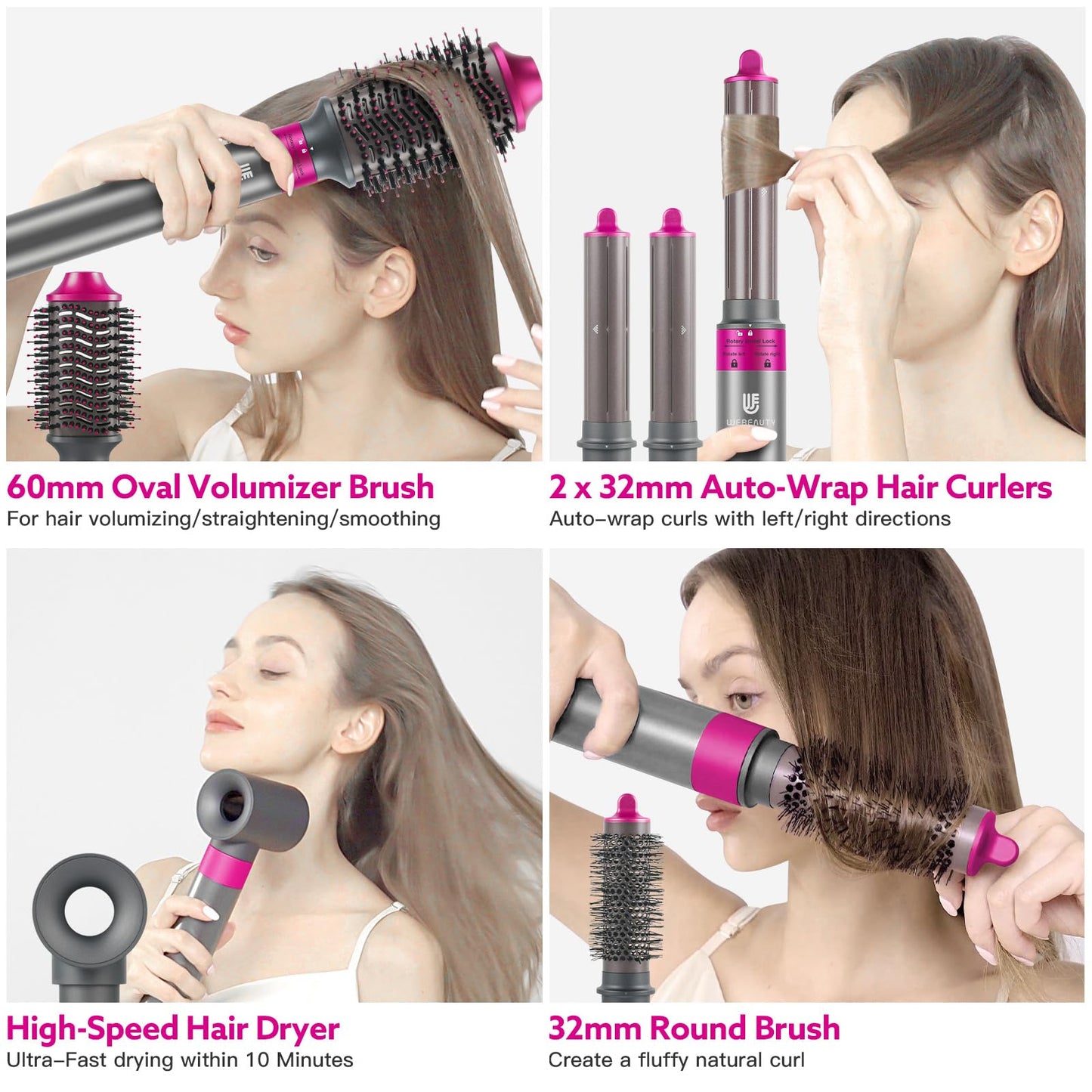5 in 1 Hot Air Brush Hair Dryer Air Styler - 110,000 RPM Fast Drying, Curling, Straightening with Ceramic Coating & Negative Ion, No Heat Damage for All Hair Types, Includes Travel Case (Red)