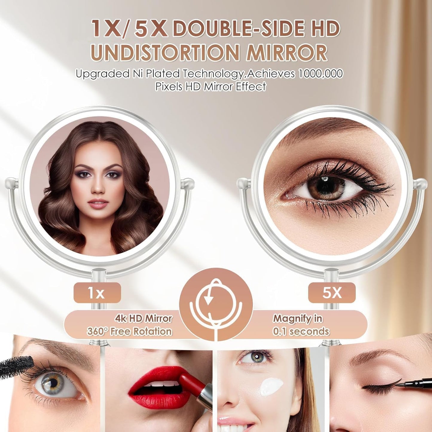 Lighted Makeup Mirror - 11-Inch Double-Sided 1X/5X Magnification | Adjustable Brightness & 360° Rotation
