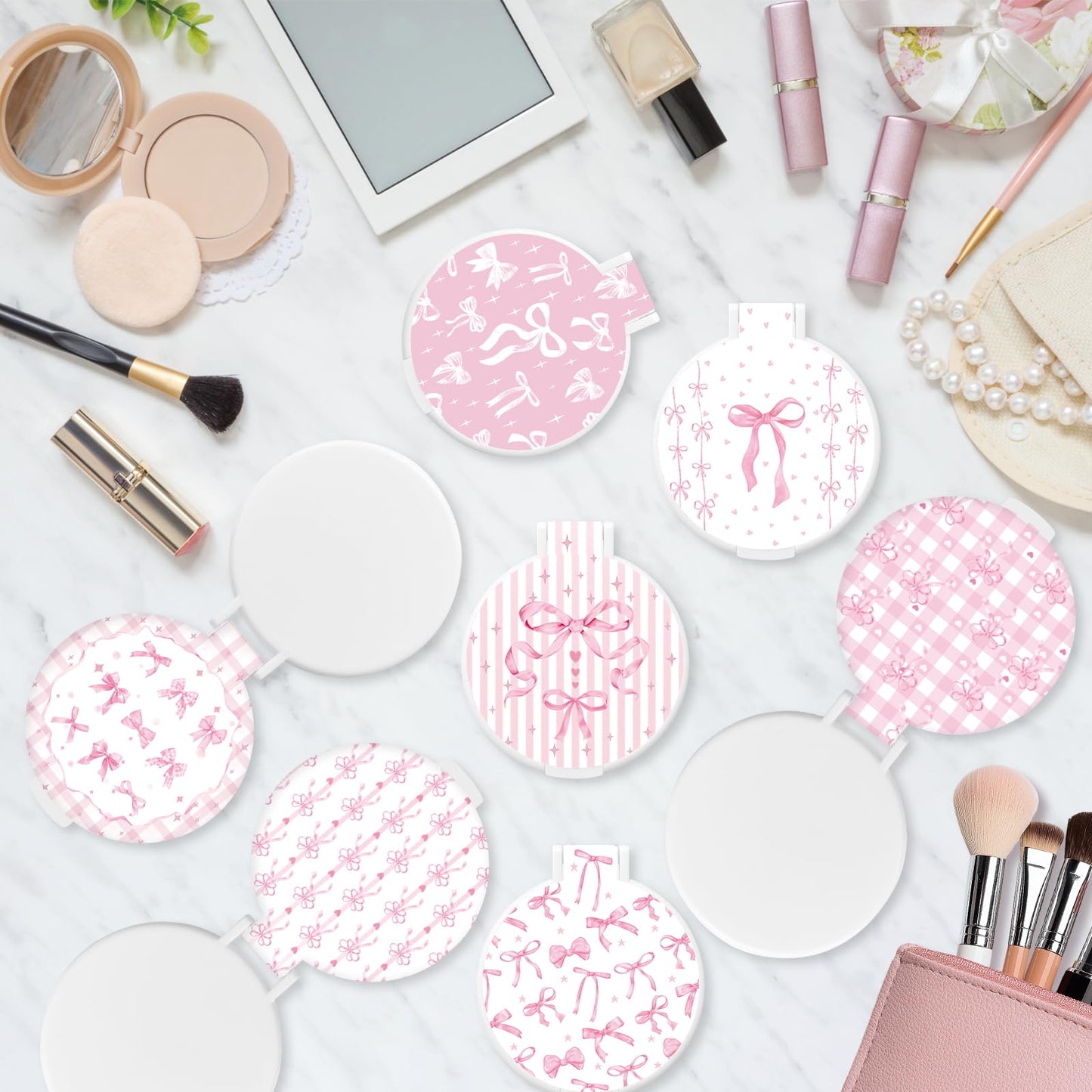KOPOOEOE 50 Pcs Pink Bow Compact Mirror Bulk Small Pocket Purse Round Mirror Portable Folding Makeup Pink Bow Mirrors Gifts for Women Coworker Employee Teacher