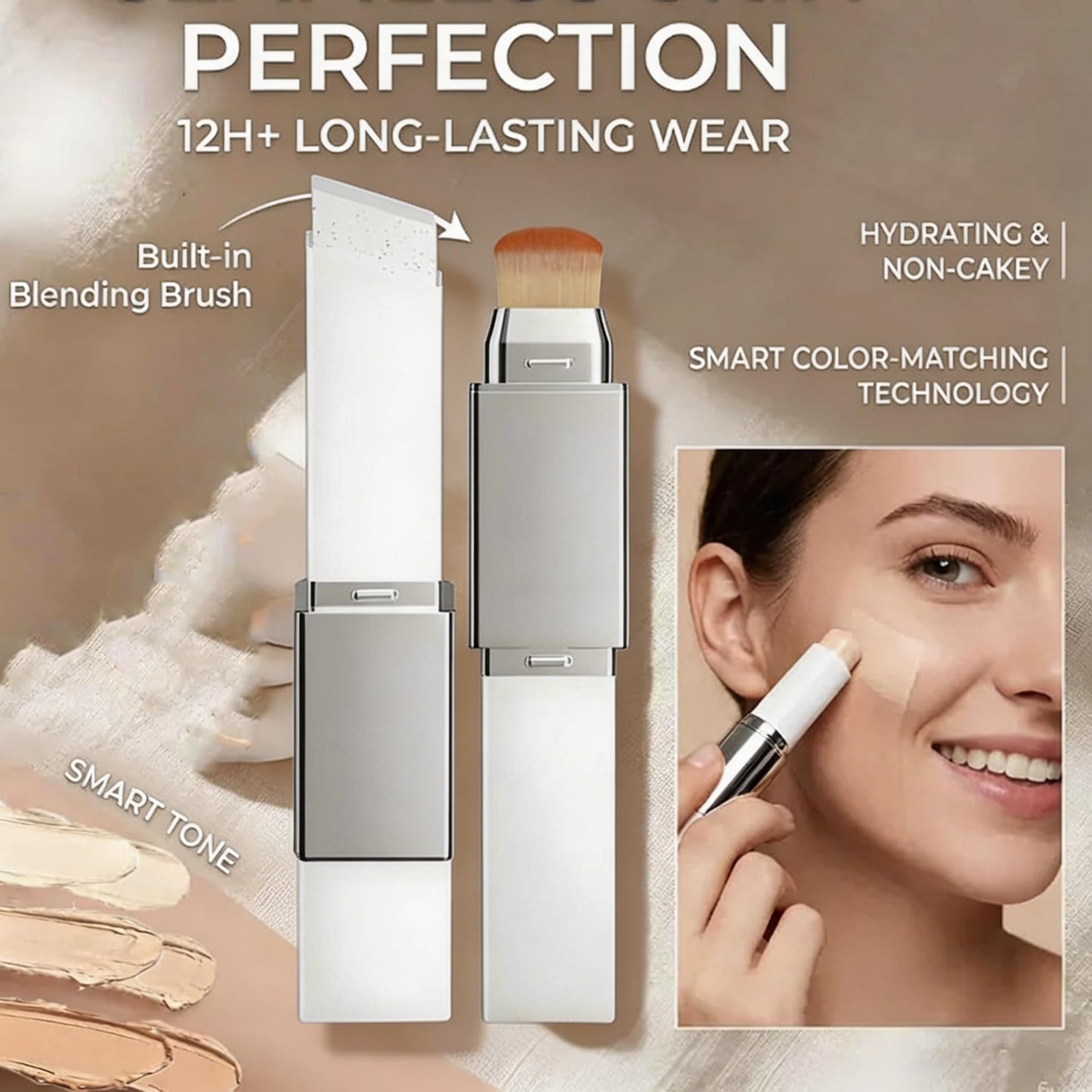 Skin Matching Foundation, Color Changing Foundation Stick, 2 in 1 Concealer Stick with Brush, Full Coverage Dual-Ended(Natural)