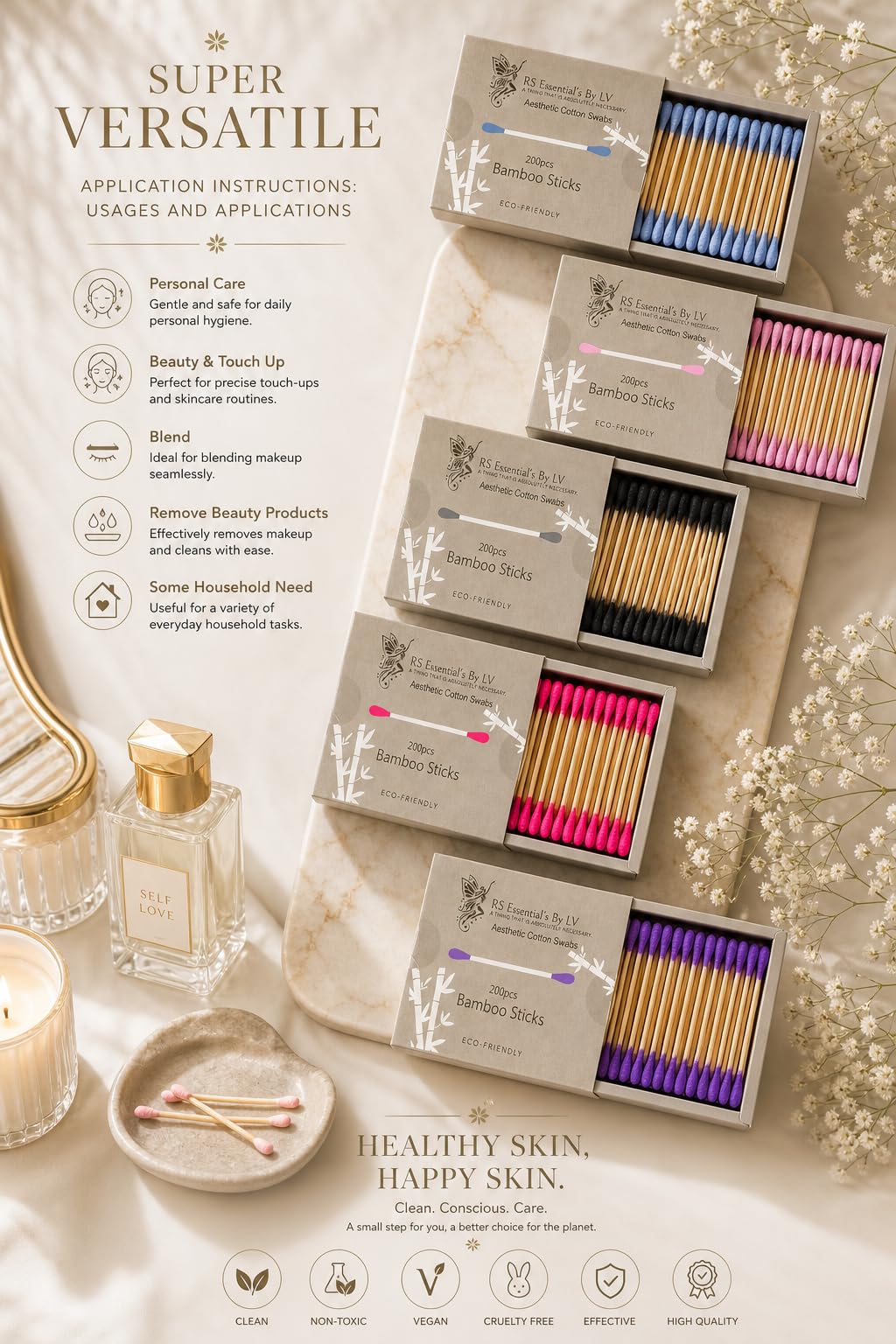 RS ESSENTIAL'S BY LV: Aesthetic Cotton Swabs Sticks Ear Swabs Bamboo swabs 200 Count Cotton Buds In 5 Colorful Colors (Blue)