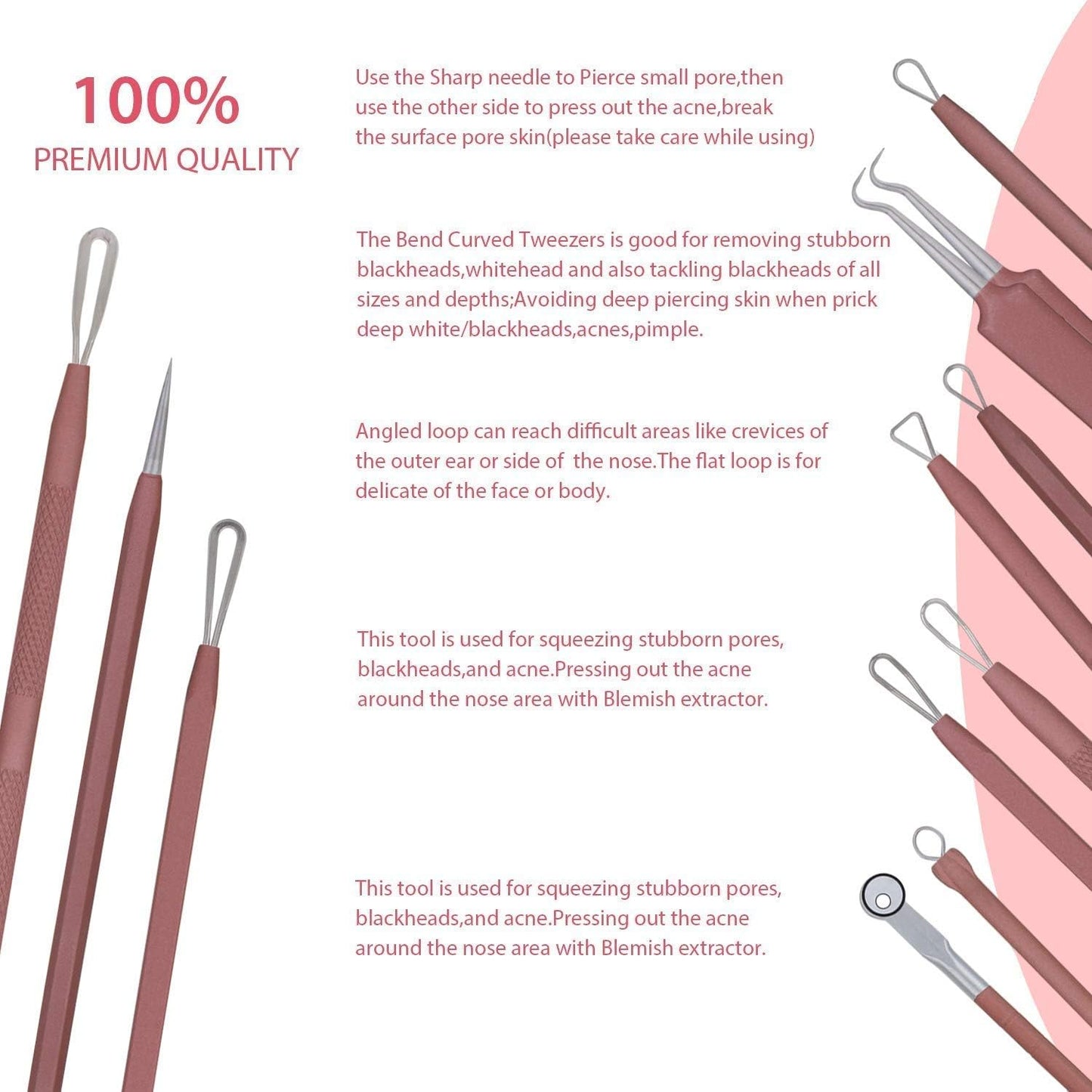 Blackhead Remover Tool Kit - 6 Pcs Comedones Extractor for Acne & Whitehead Removal | Includes Leather Bag (Pink)