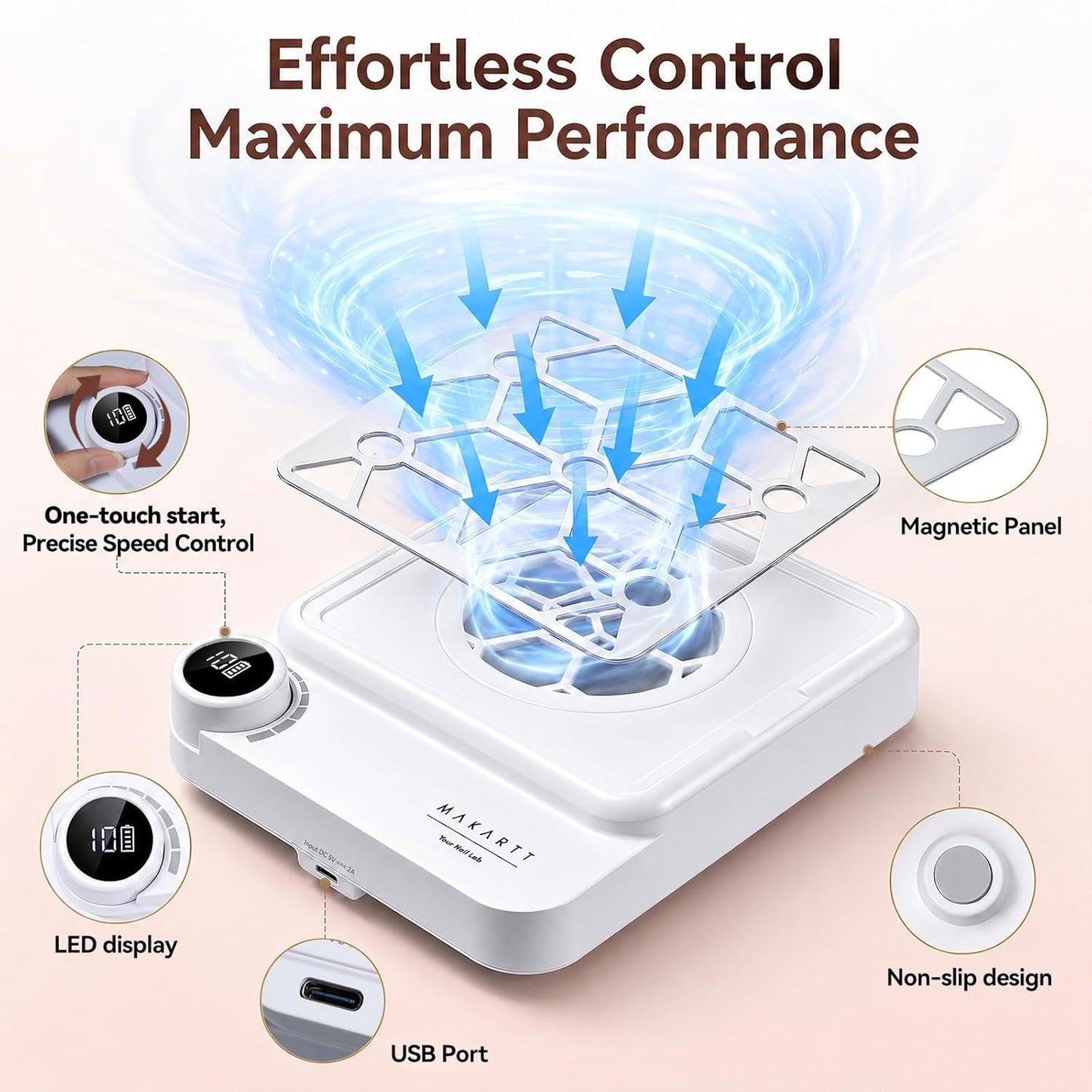 Makartt Compact Rechargeable Nail Dust Collector - 5500RPM Adjustable Speed for Quiet Manicure | Includes 10 Filters & Dust Brush, White