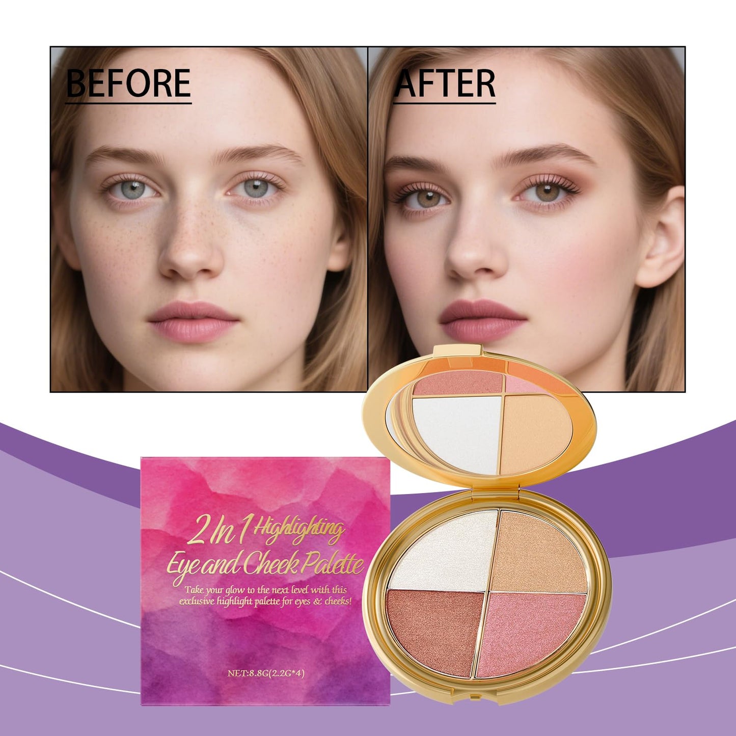 Highlight Eyeshadow and Blush Palette | 2 in 1 Makeup Palette for Eyes & Cheeks | Glow Wardrobe Contour Palette with Highlighter | Smooth Blendable Powder, Compact & Travel Friendly