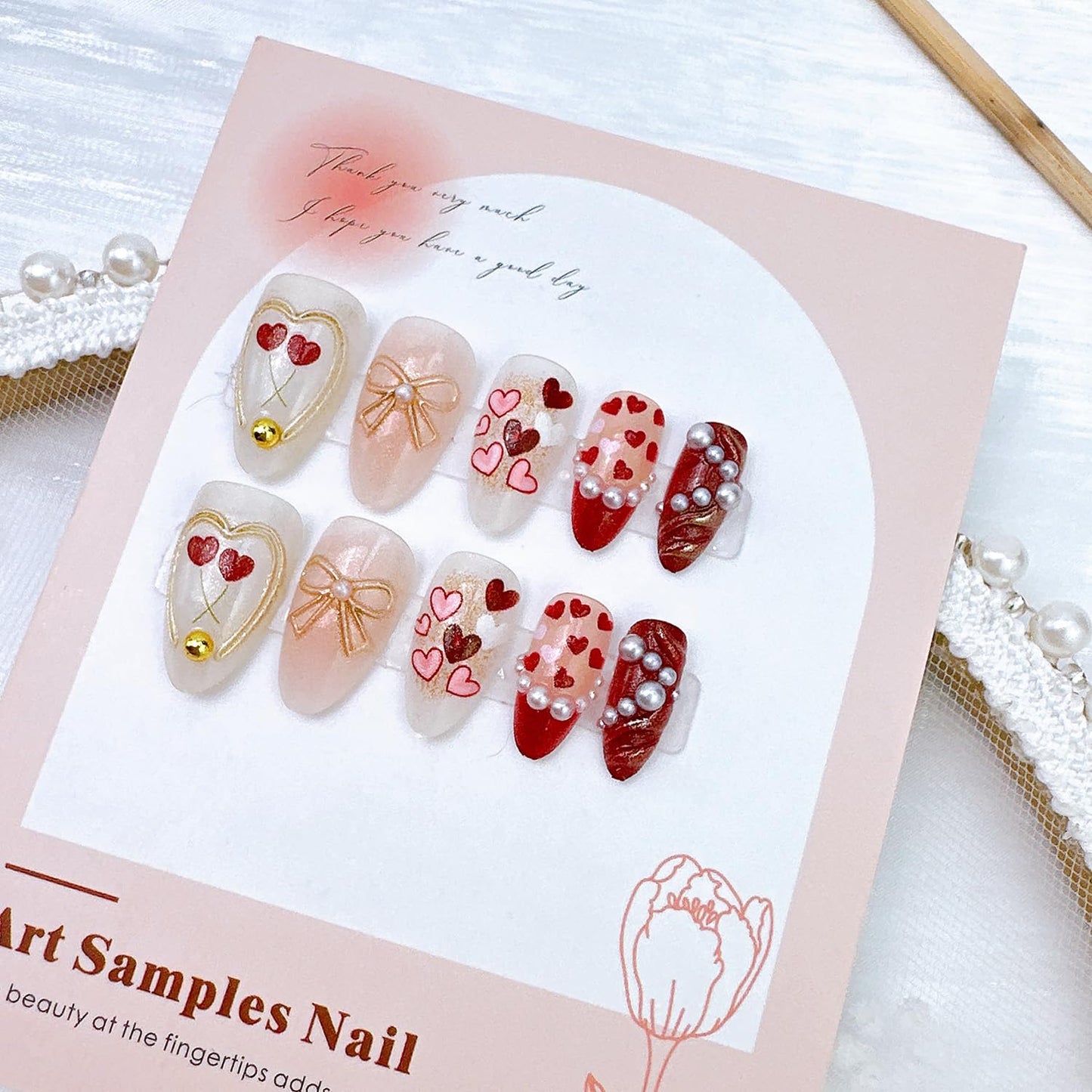Valentine's Press-On Nails - 30 Pcs Short Almond Red French Tip with Pearl & Gold Bow | Romantic Heart Acrylic Set
