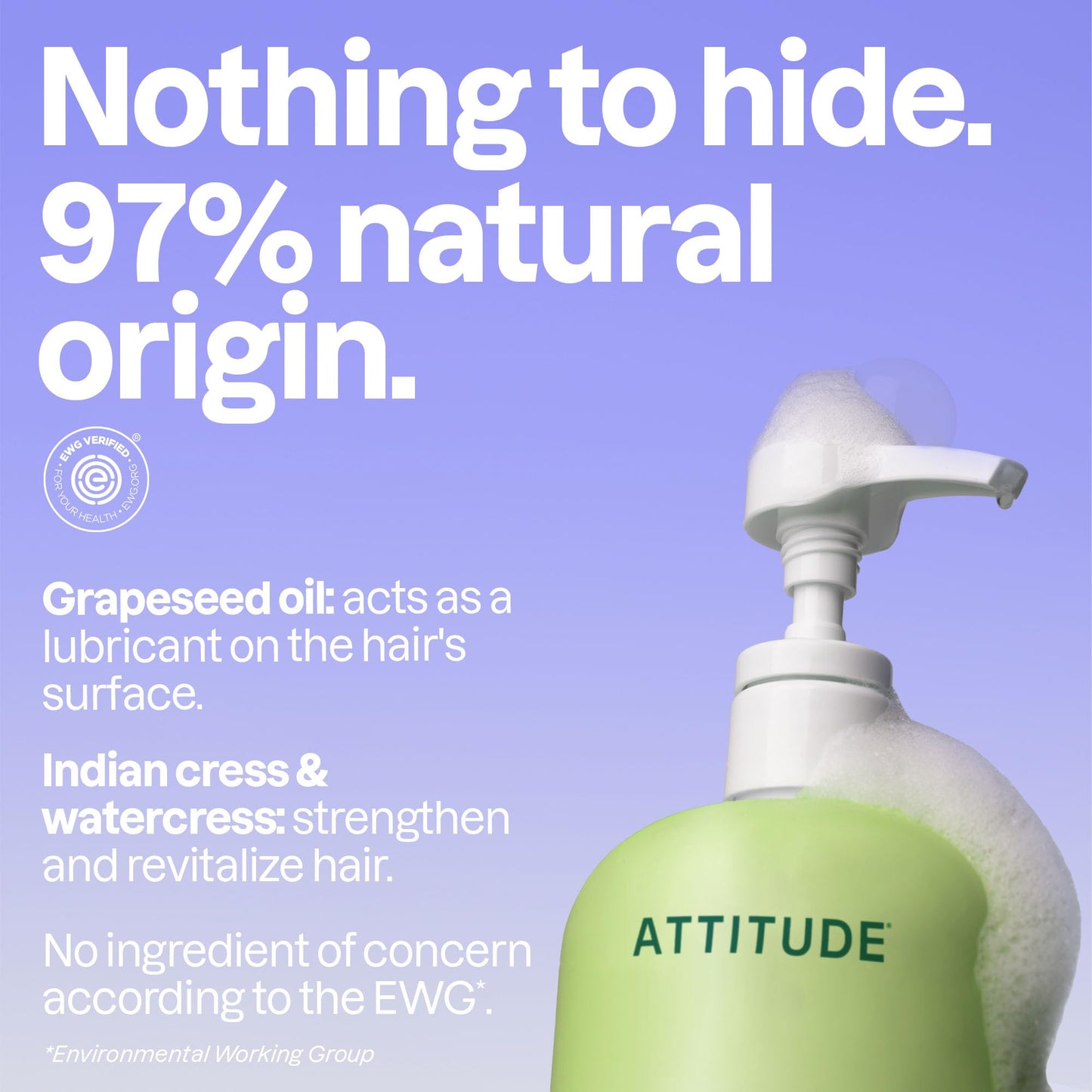 ATTITUDE Nourishing Hair Shampoo, EWG Verified, For Dry and Damaged Hair, Naturally Derived Ingredients, Vegan and Plant Based, Grapeseed Oil and Olive Leaves, 32 Fl Oz