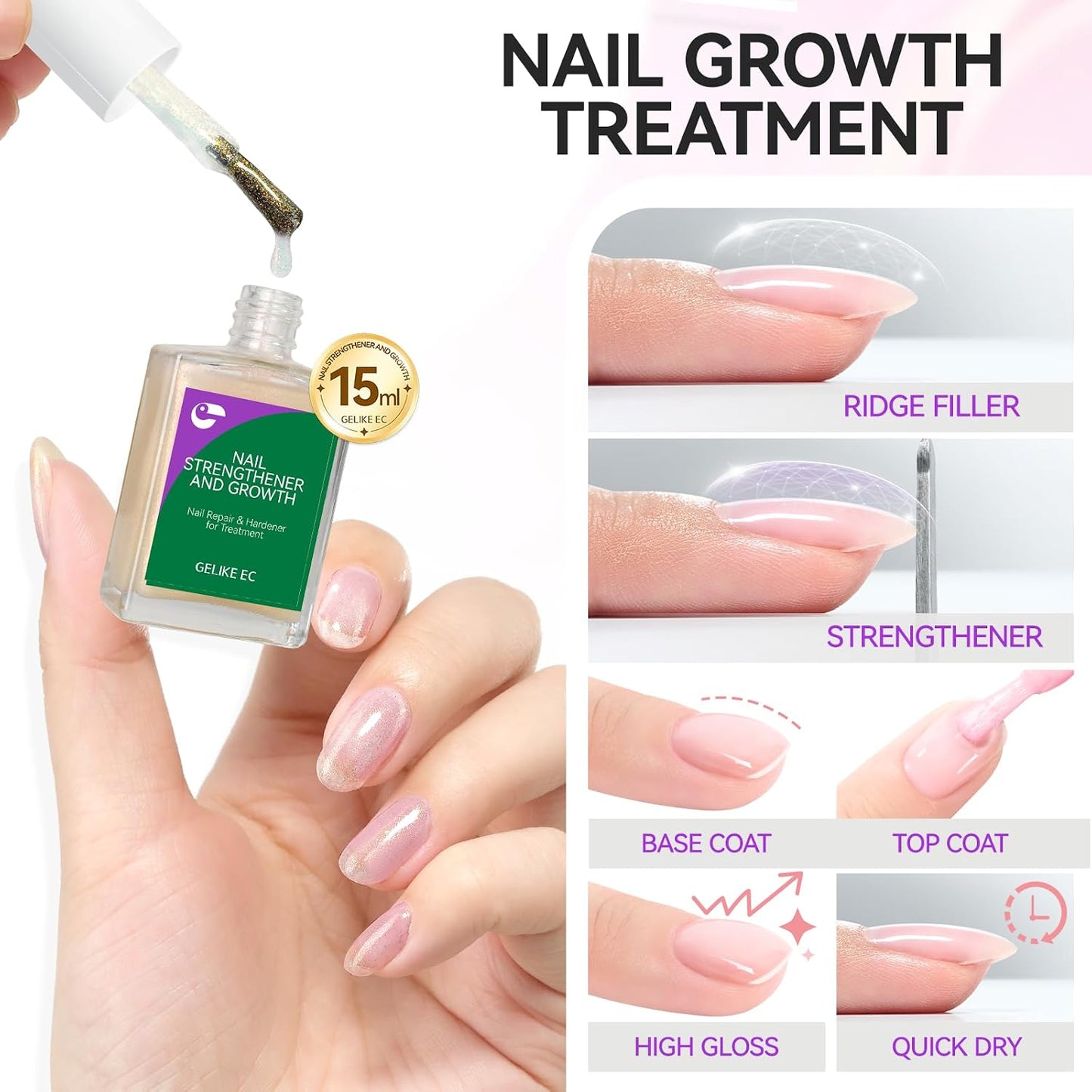 Nail Polish Strengthener & Growth Treatment - Extra Strong Gelike Natural Hardener for Damaged Nails | Long-Lasting Repair