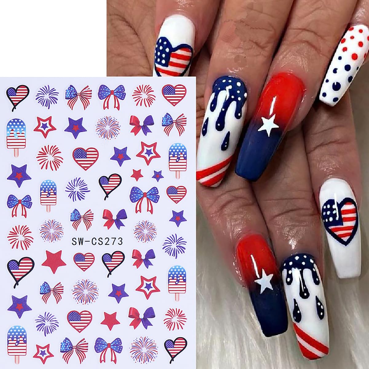 Fourth of July Nail Stickers Red White Blue Nail Decals for Nail Art 6PCS 3D Self Adhesive Independence Day Nails Designs Stickers Fireworks Bow Star Nail Slider Manicure Patriotic Nail Art for Women