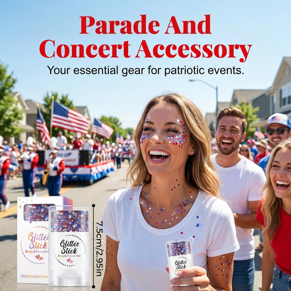 4th of July Glitter Stick, Patriotic Red White and Blue Face Body & Hair Glitter Stick for Women, Independence Day 3-in-1 Waterproof, Self-Adhesive Sparkle Gel for 250th Anniversary (#1)