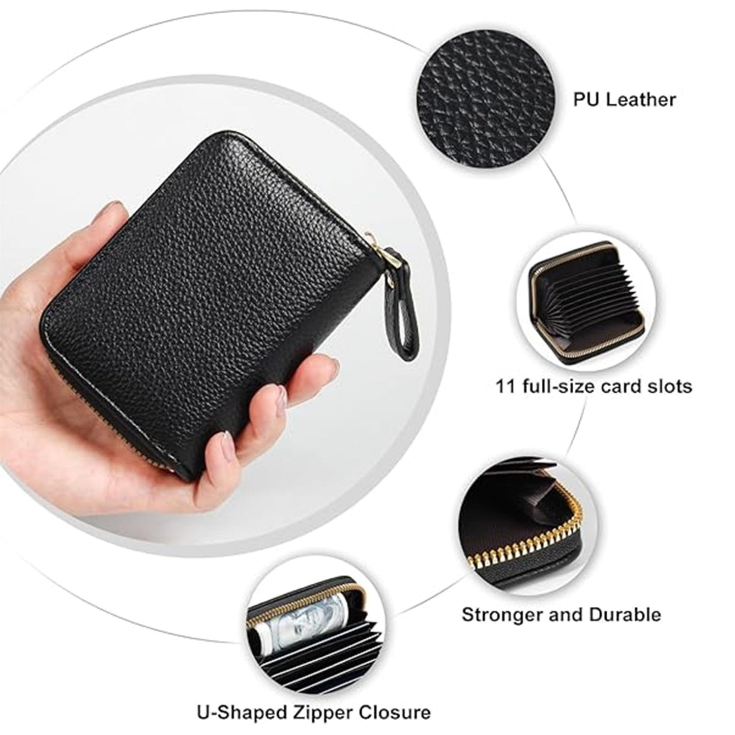RFID Credit Card Holder Wallet with 9 Card Slots and 2 Cash Compartments, Compact Zipper Wallet for Men and Women, Leather RFID Blocking Card Organizer for Travel and Daily Use Black