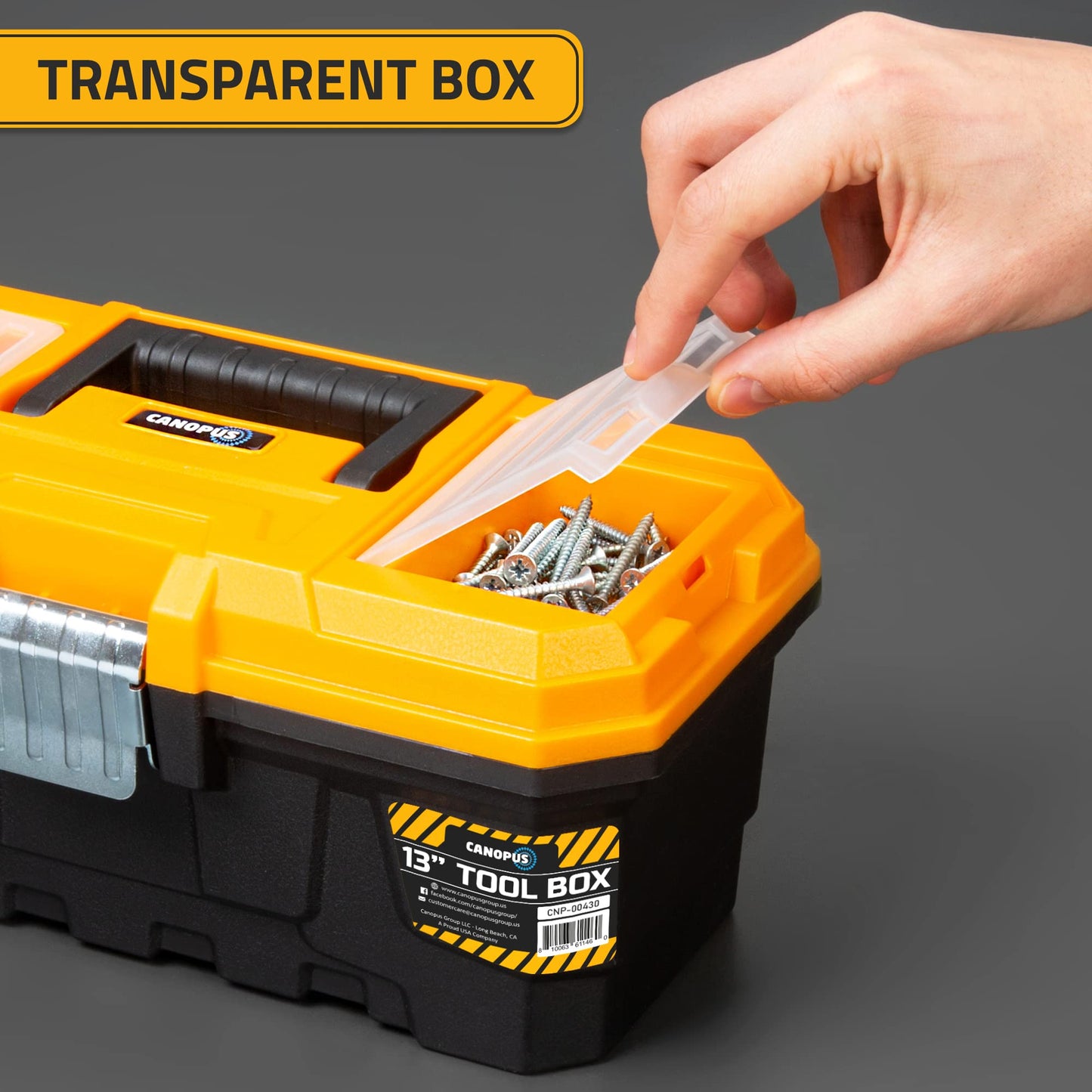 CANOPUS Plastic Toolbox, 13-inch Portable Plastic Tool Box with Metallic Clutch, Small Tool Box Tool Organizer with Extra Storage Tray for Home Tools, Nails and Pins, Black-Yellow