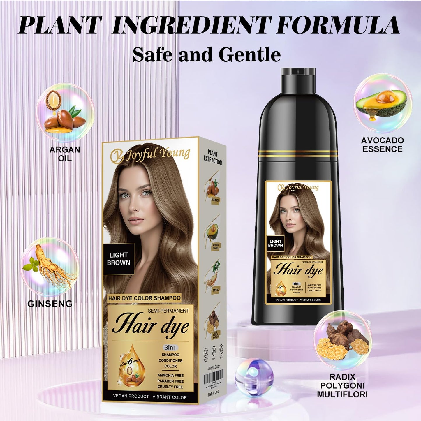Joyful Young Hair Dye Shampoo 3-in-1, Light Brown Semi-Permanent Gray Hair Coverage, Color Depositing Shampoo for Women & Men, Vegan, Ammonia-Free