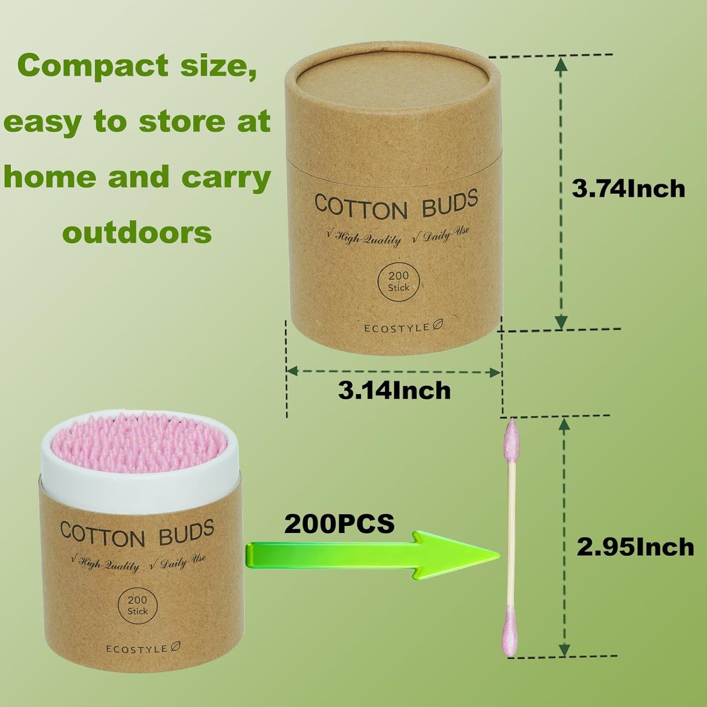 Pink Bamboo Cotton Swabs - 200 Count Dual-Tip Wooden Buds for Ear Cleaning, Makeup & Nail Art | Biodegradable with Portable Tube