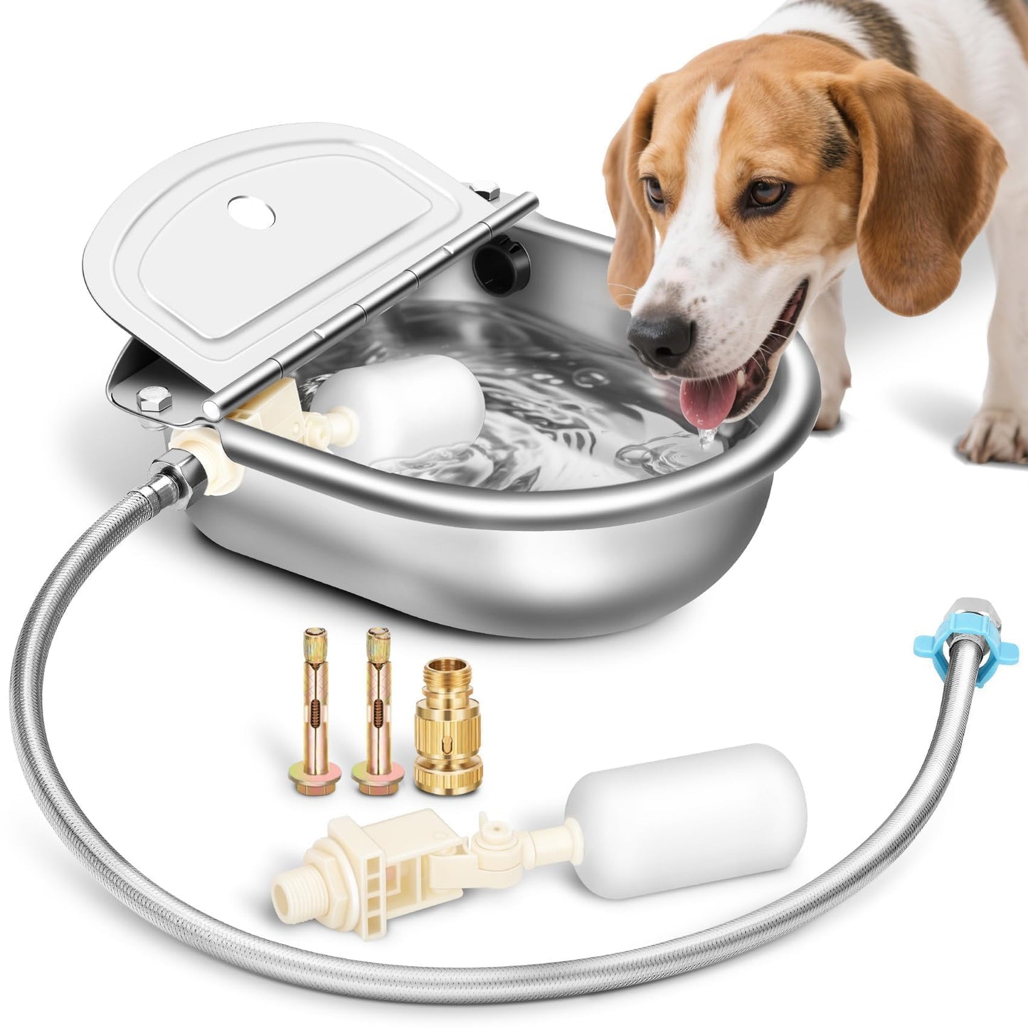 Automatic Animal Drinking Water Bowl with Float Valve, Standard Pipe, Stainless Steel Waterer Feeder Farm Dog Dispenser Kit Self Filling for Livestock Horse Goat Water Trough