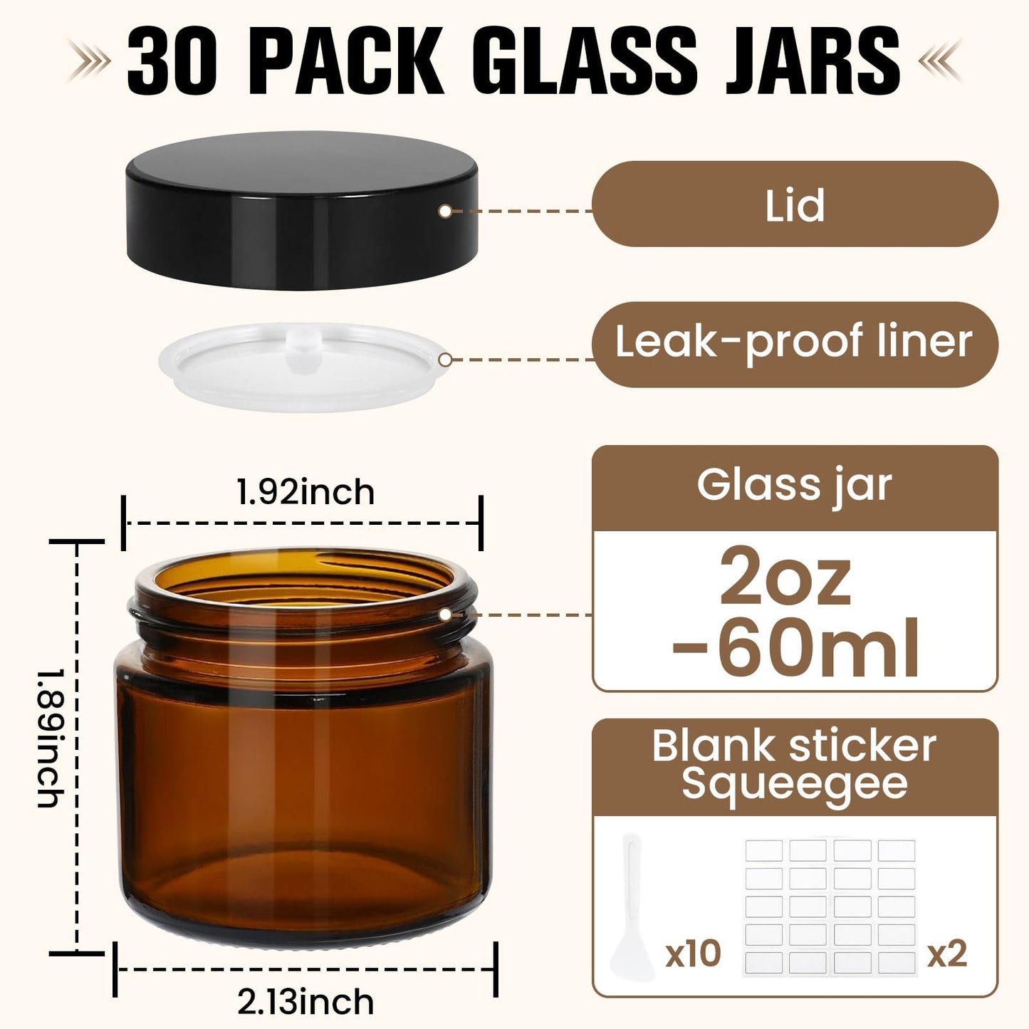 30 Pcs 2 oz Glass Jars with Lids, Amber Glass Jars with 40 Labels & 10 Spatulas, Inner Liners, LeakProof, UV-Protective,Round Glass Containers for Essential Oils, Spices, Candle Making,DIY