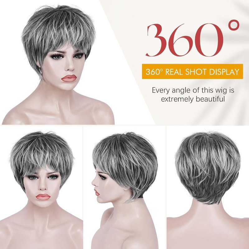 Pixie Cut Wig - Short Gray Synthetic Wig with Bangs | Heat Resistant, Natural Look for Daily Wear
