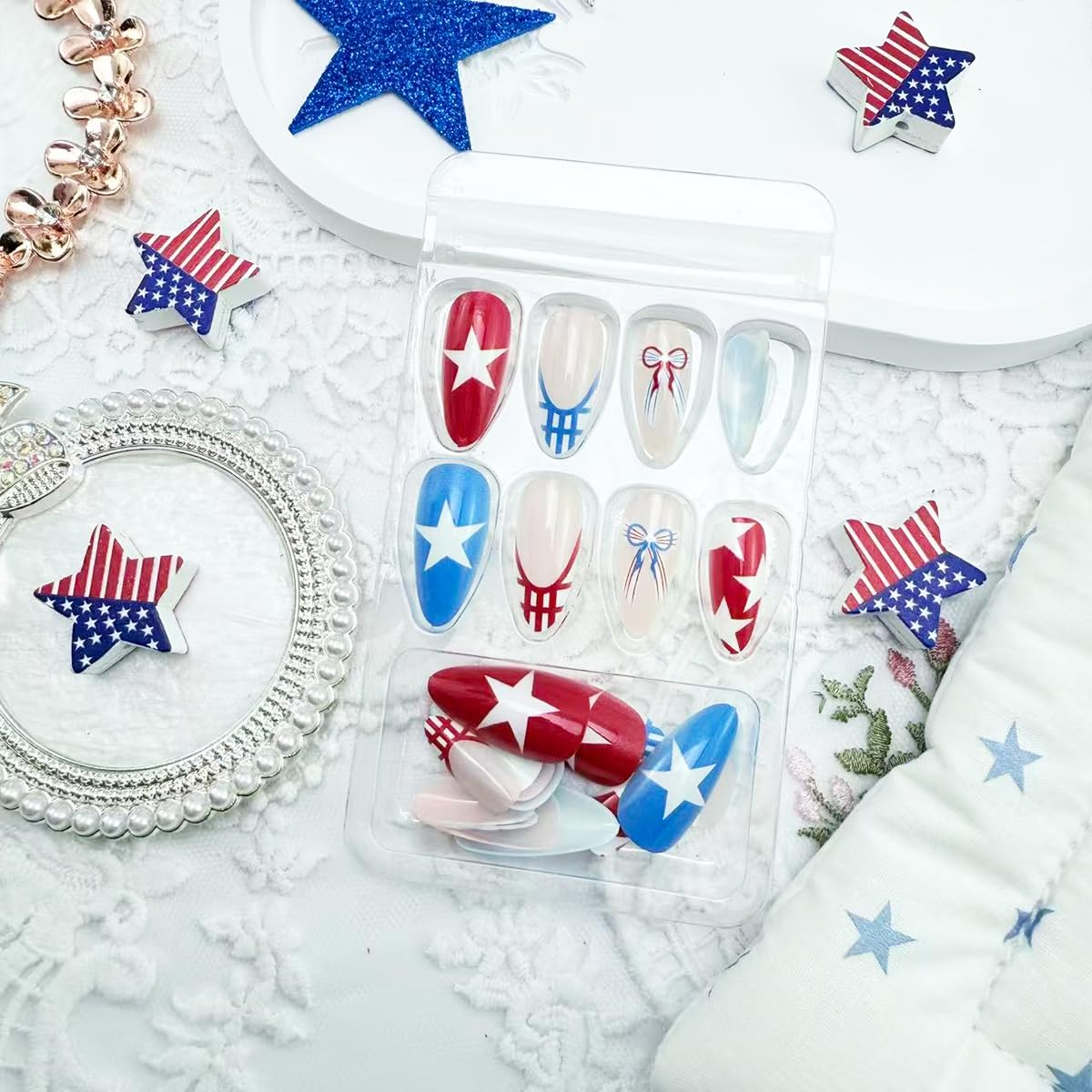24Pcs 4th of July Press on Nails Medium Almond French Tip Fake Nails Patriotic Red White Blue False Nails with Star Bow Designs Independence Day Acrylic Glue on Nails for Women Holiday Nail Decoration
