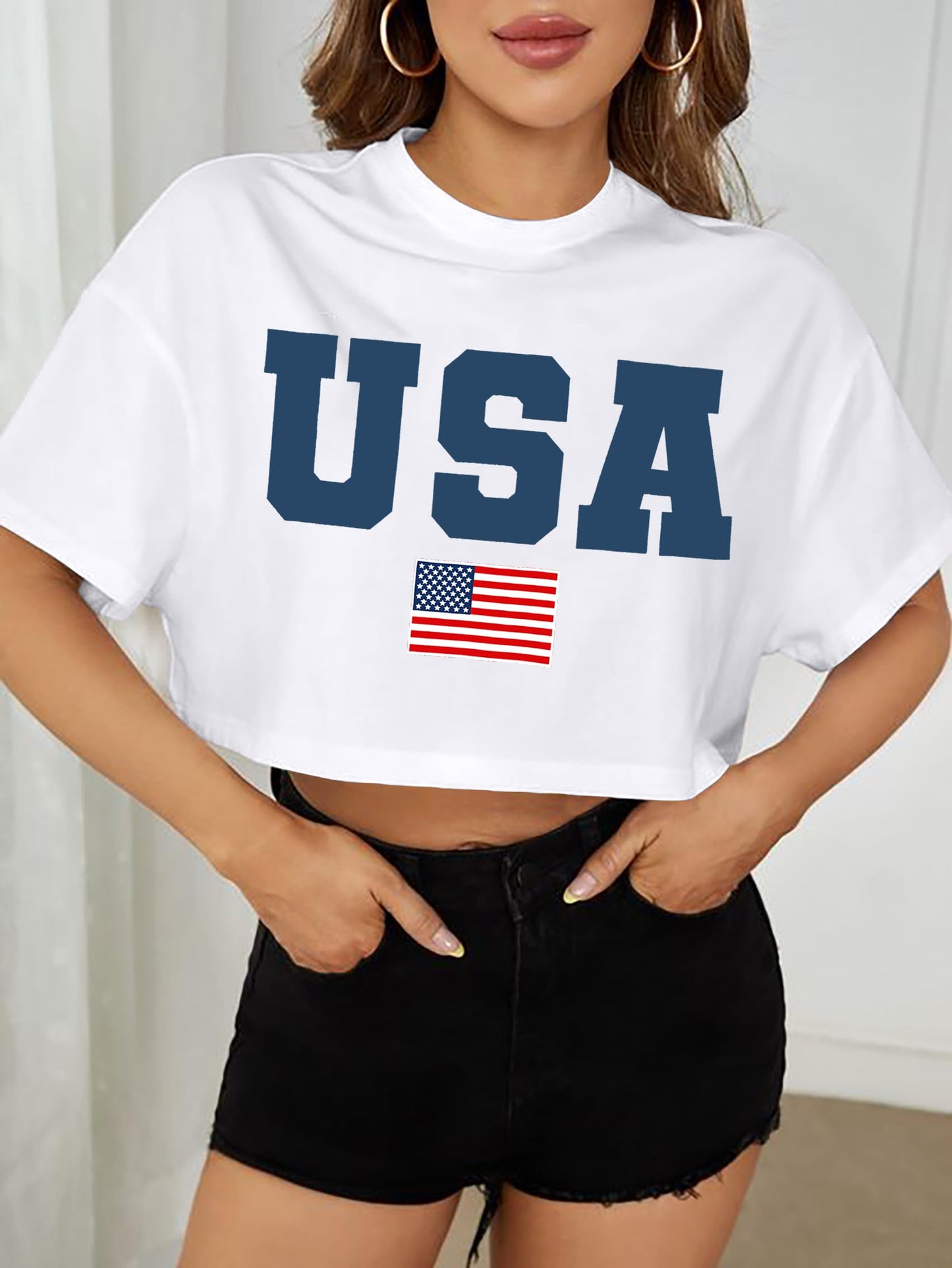 American Flag Crop Tops Women USA Crop Shirt Patriotic 4th of July Tee Memorial Day Tshirt Girls Crop Tops