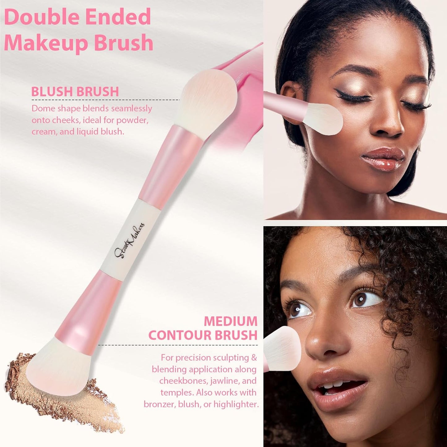 Makeup Brushes Set - 5-Piece Dual-Ended Pink Brush Set for Foundation, Blush, Contour & Eyeshadow | Travel-Friendly with Bag