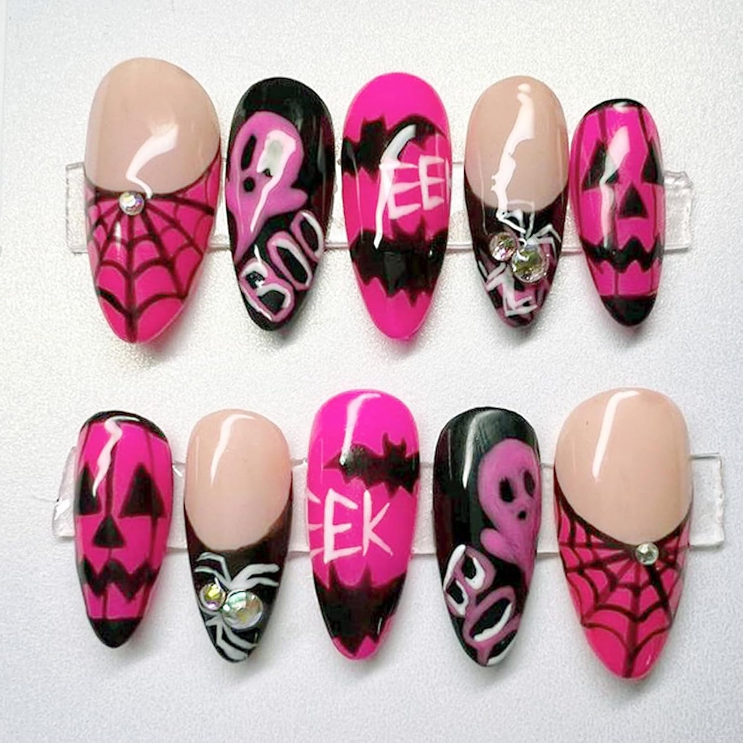 Medium Almond French Tip Press-On Nails - 3D Hibiscus & Gold Starfish Design | 24 Pcs Glossy Summer Acrylics