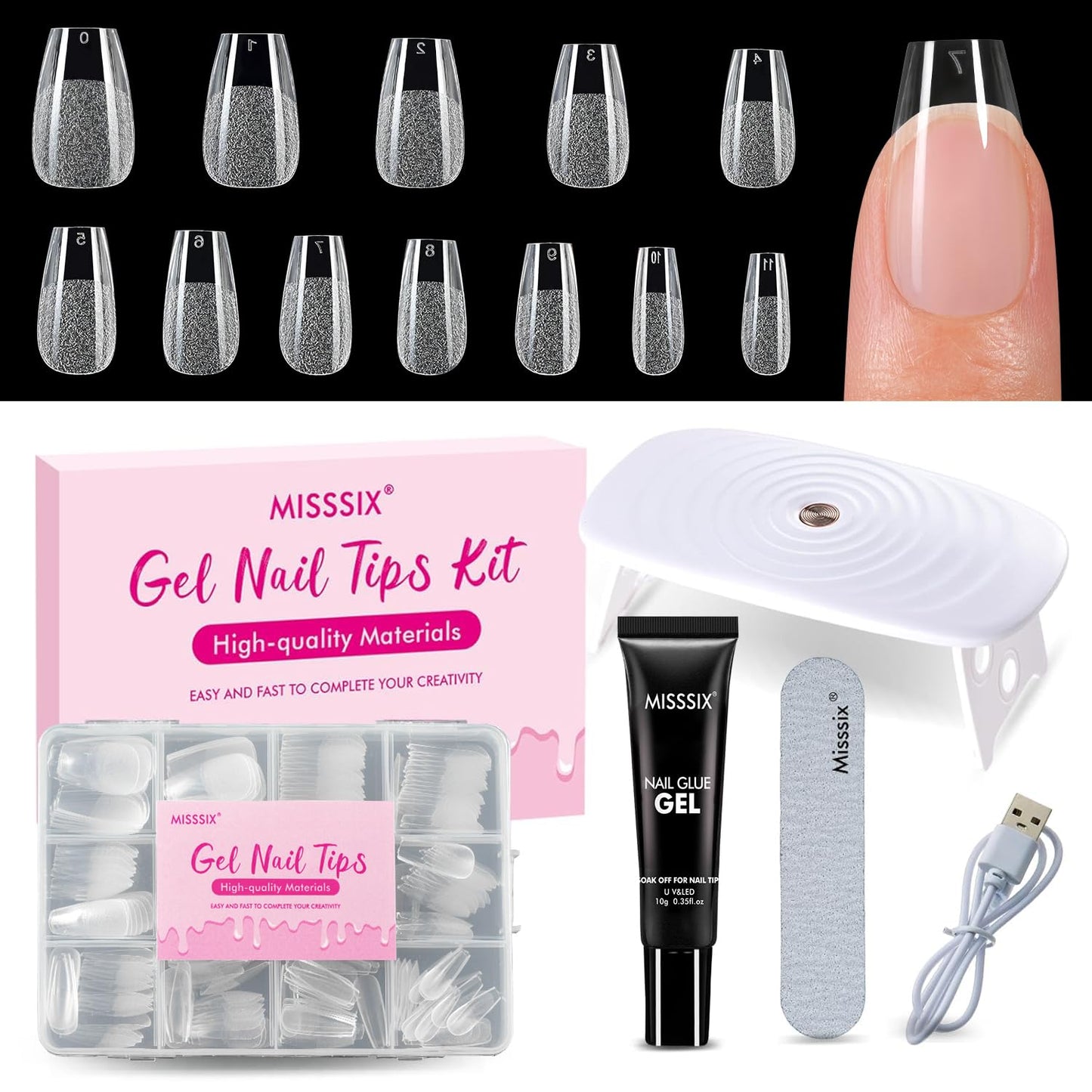 Almond Gel Nail Tips Kit - 216 Pre-Etched Clear Fake Nails | 9-in-1 Gel Glue & Mini UV Lamp for Women, 12 Sizes