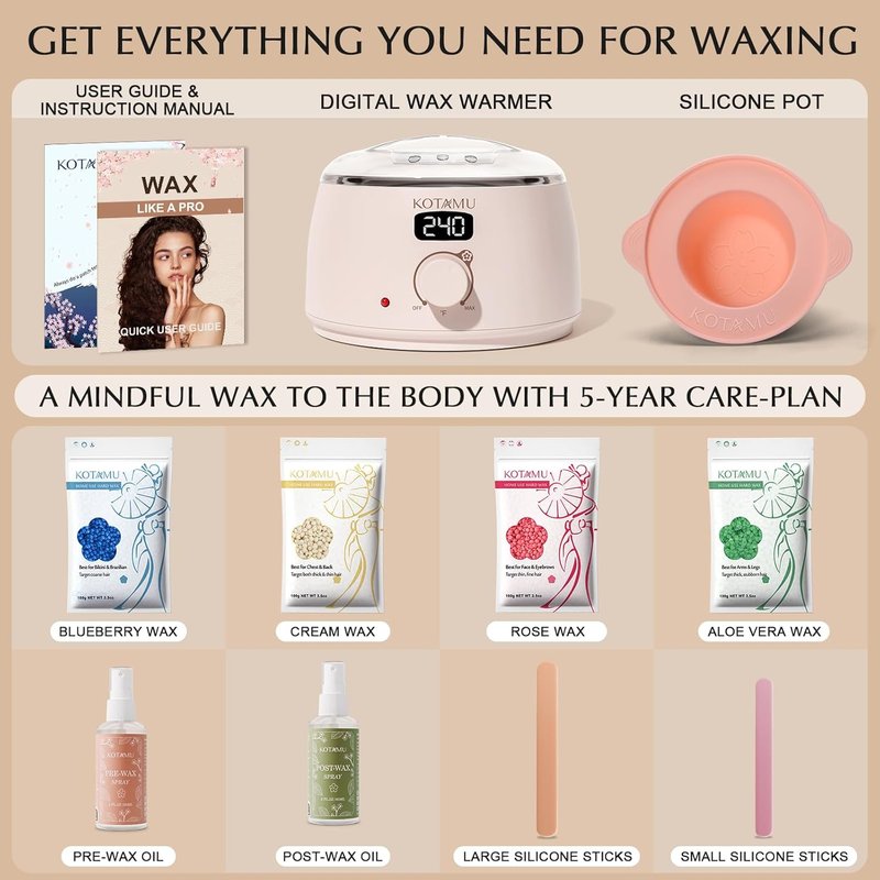 Waxing Kit for Hair Removal - Digital Wax Warmer with Silicone Pot | Ideal for Face, Eyebrows, Arms, Legs & Sensitive Skin