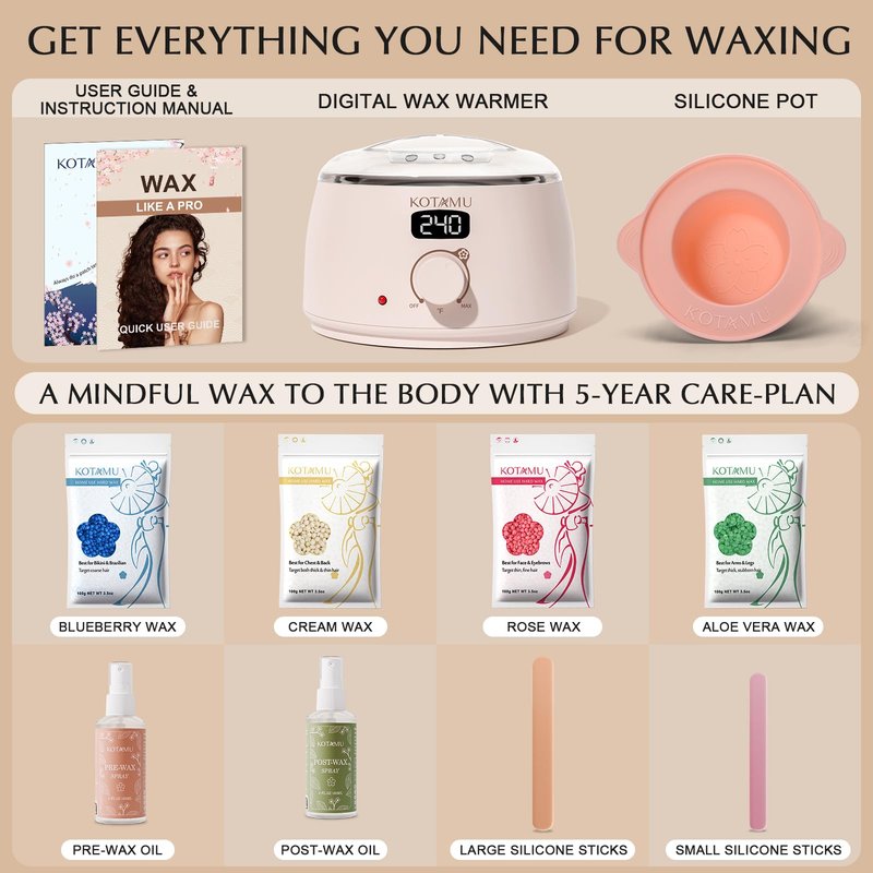KOTAMU Waxing Kit for Women & Men, Wax Warmer for Hair Removal, Digital Wax Kit with Silicone Pot, Ideal for Face Eyebrow Arm Legs Armpit &Sensitive Skin, Pink Waxing Machine for Home Salon Use