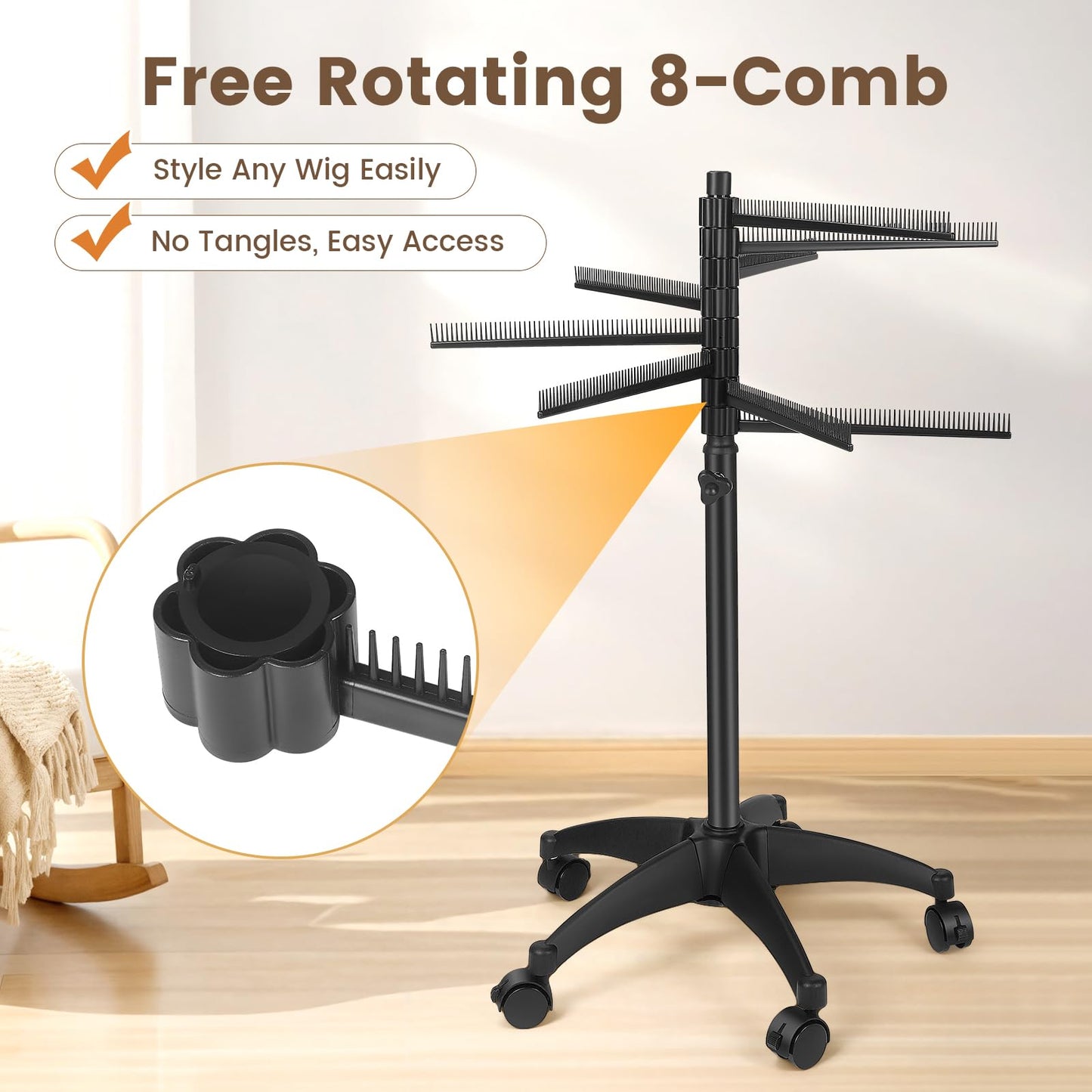 Braiding Hair Rack 216 Pegs, 360° Rotatable Hair Braiding Stand with Wheels, Movable Hair Extension Holder for Hair Stylists, Braiders, Home, Salon, Beauty School, Hair Separator for Braiding