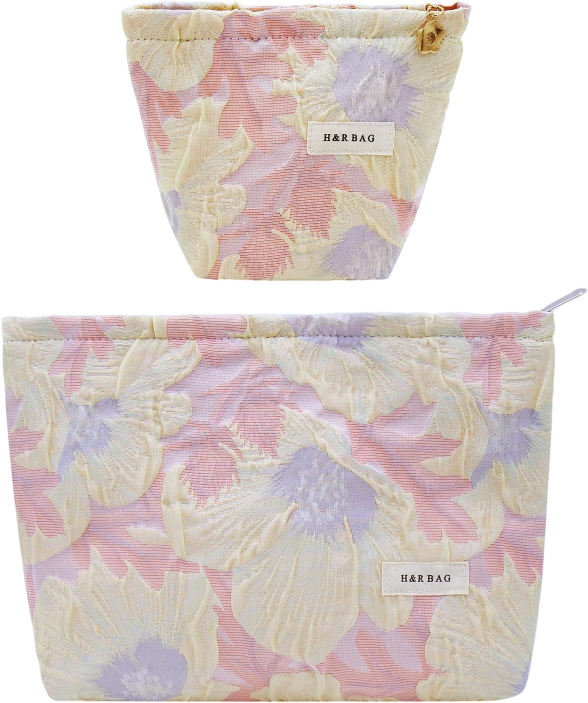 Large Floral Makeup Bag Set - 2 Pcs Travel Toiletry Organizer for Women | Embroidered Cosmetic Pouches with Zipper
